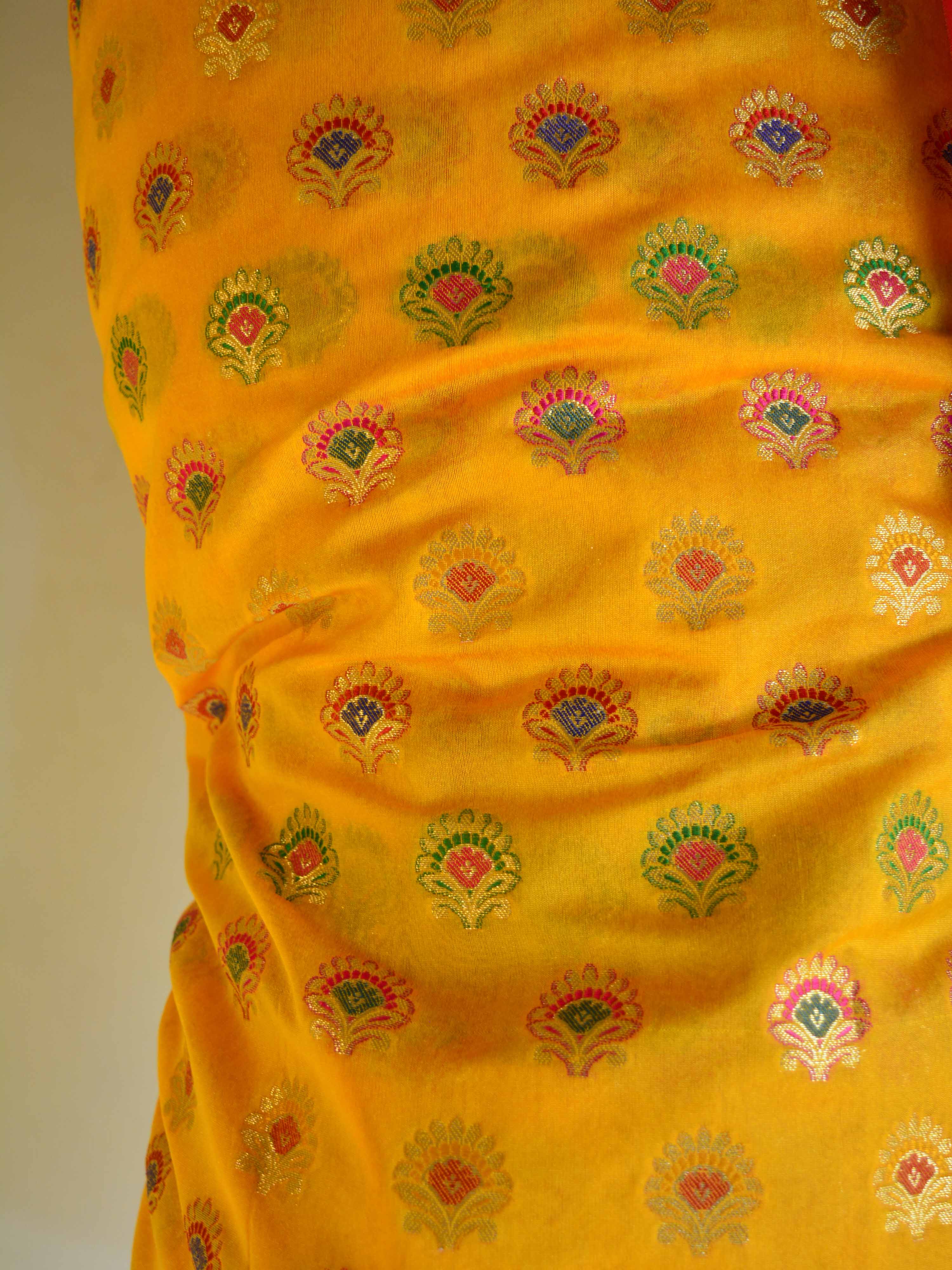 Banarasee Semi Silk Zari Work Salwar Kameez With Pink Dupatta Set-Yellow