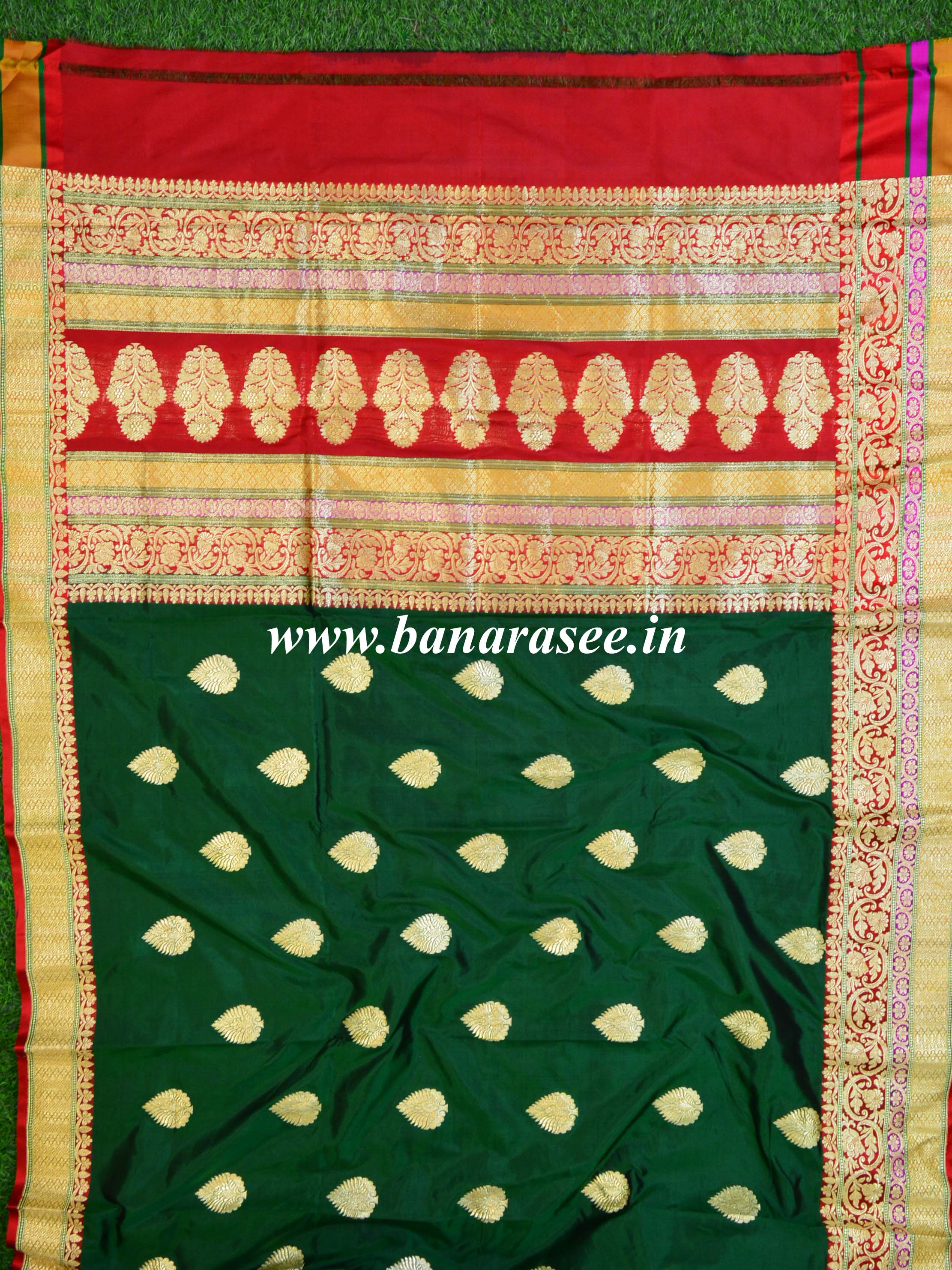 Banarasee Handloom Pure Katan Silk Sari With Skirt Border-Deep Green