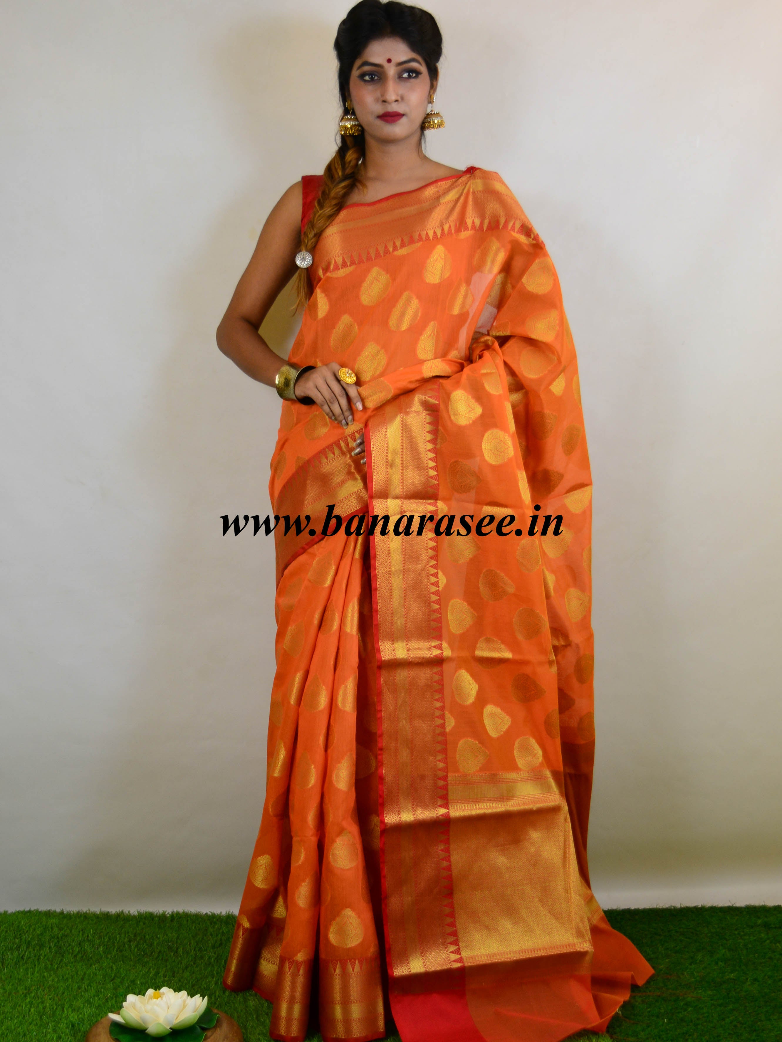 Banarasee Cotton Silk Mix Saree With Buta Design-Orange