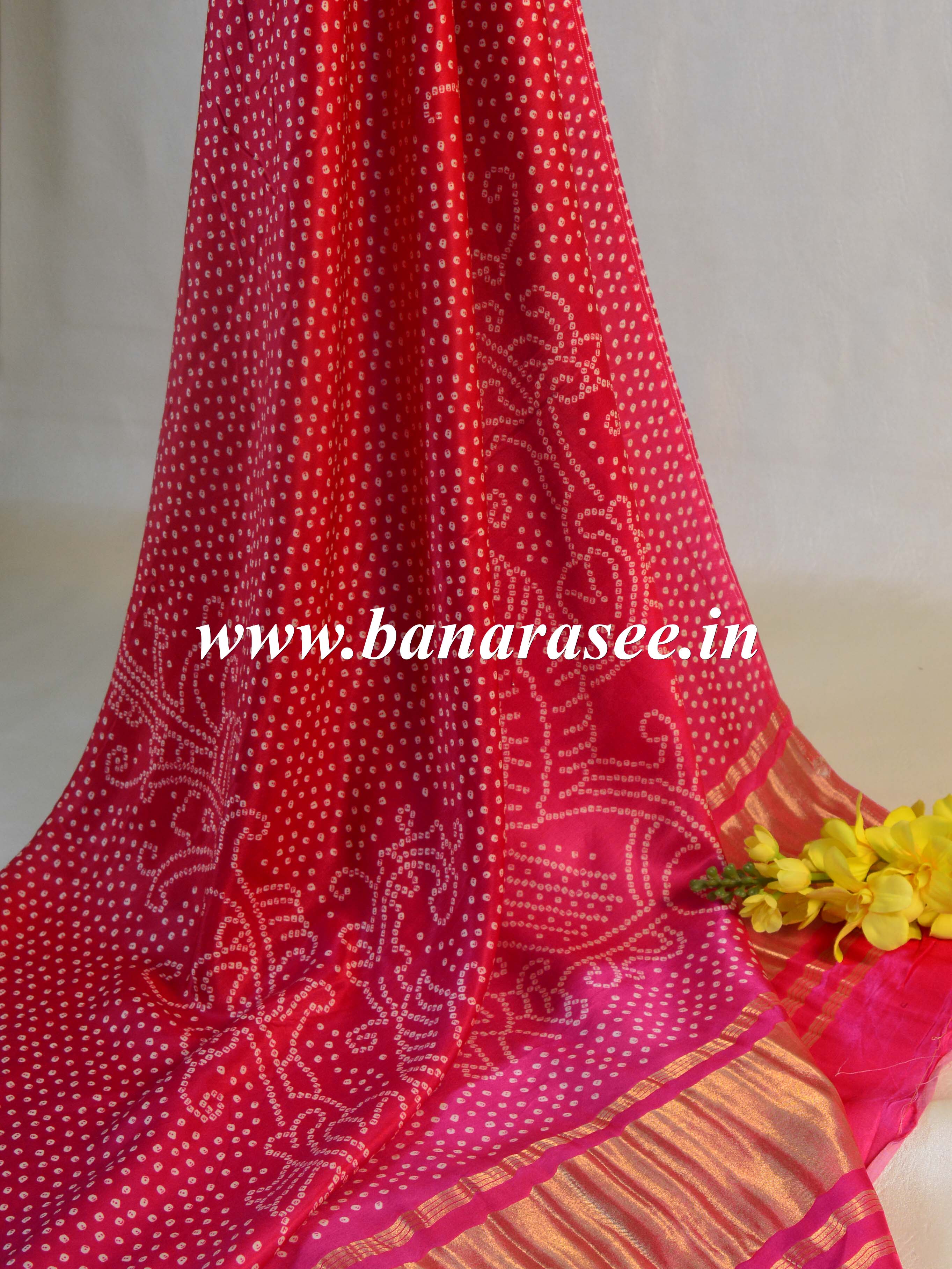 Banarasee Pure Gajji Silk Bandhej Design Dupatta-Pink