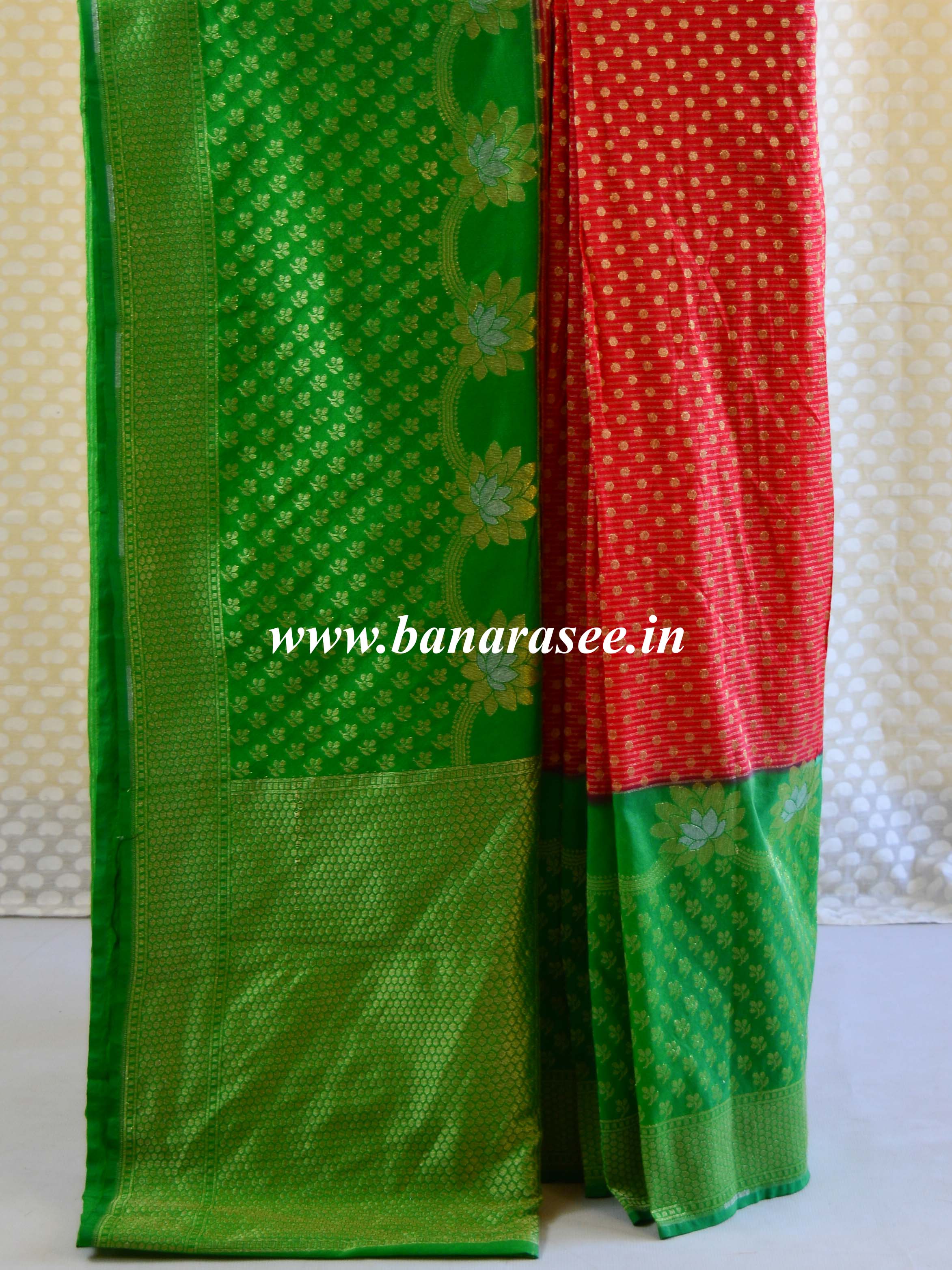Banarasee Faux Georgette Saree With Sona Rupa Zari Work-Green & Red