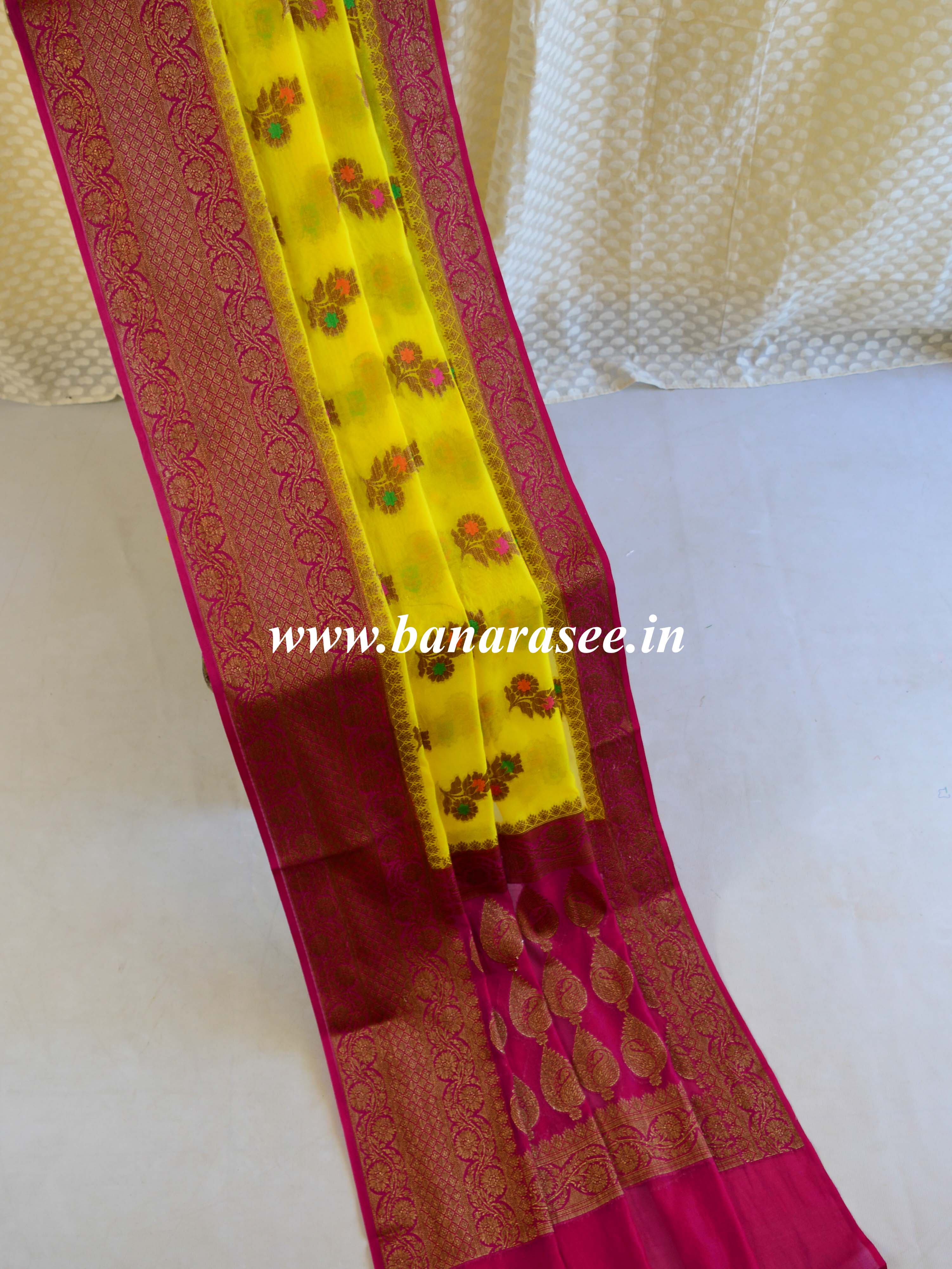 Banarasee Handwoven Semi Silk Saree With Antique Zari Buta Design-Yellow & Pink