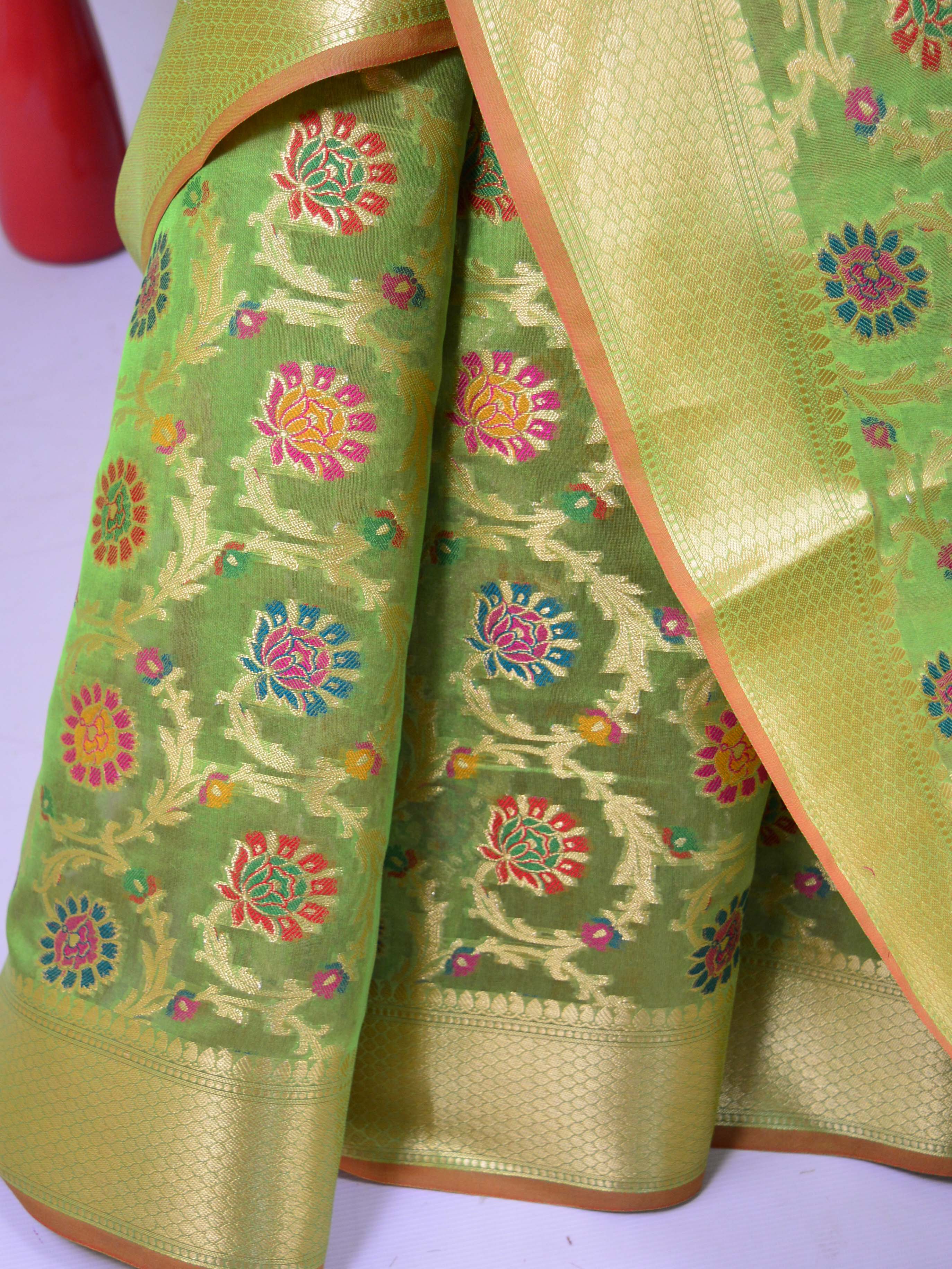 Banarasee Faux Georgette Saree With Meena Floral Jaal Work-Lime Green