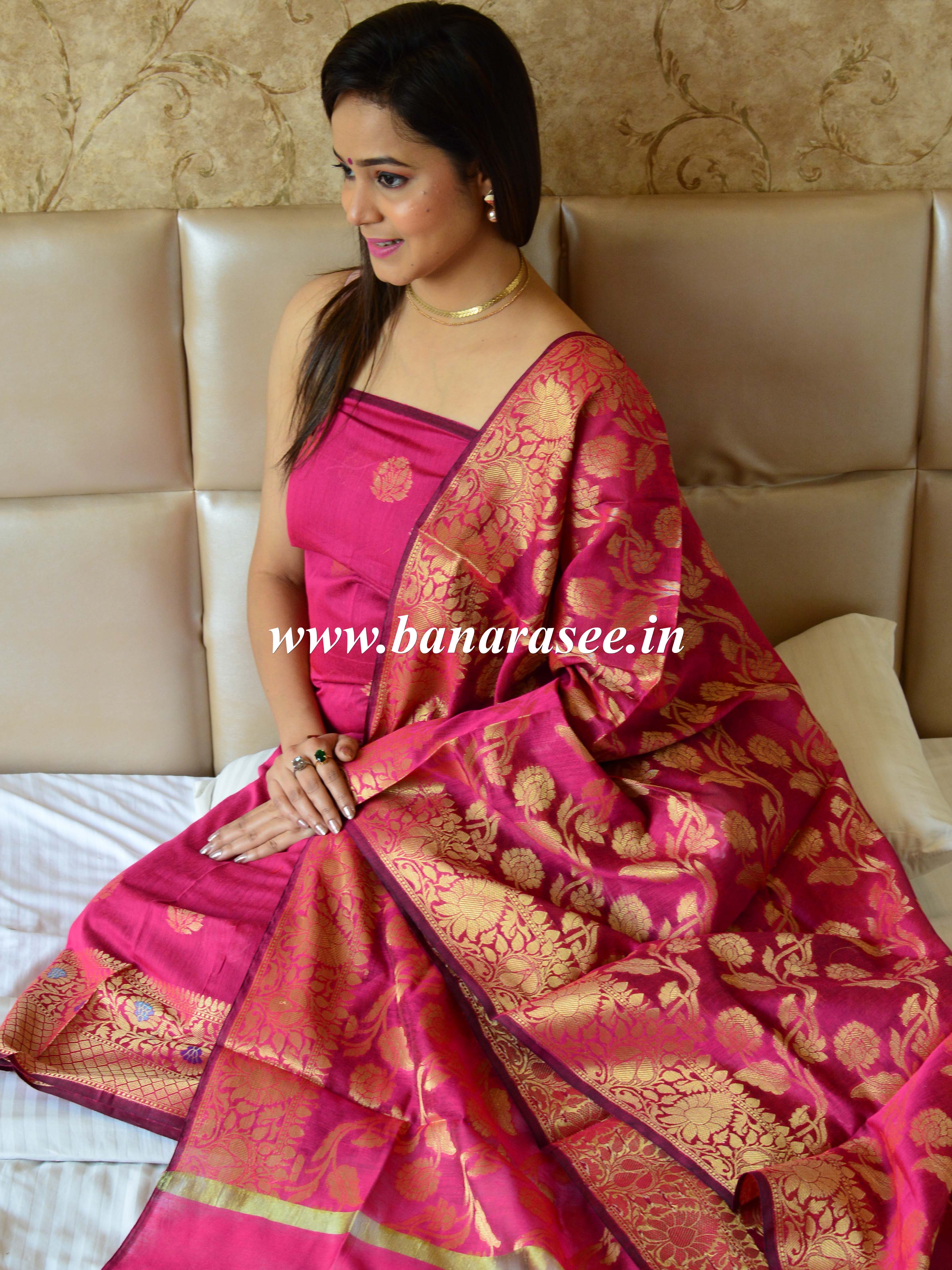 Banarasee Chanderi Cotton Salwar Kameez Fabric With Dupatta Buta Design-Magenta