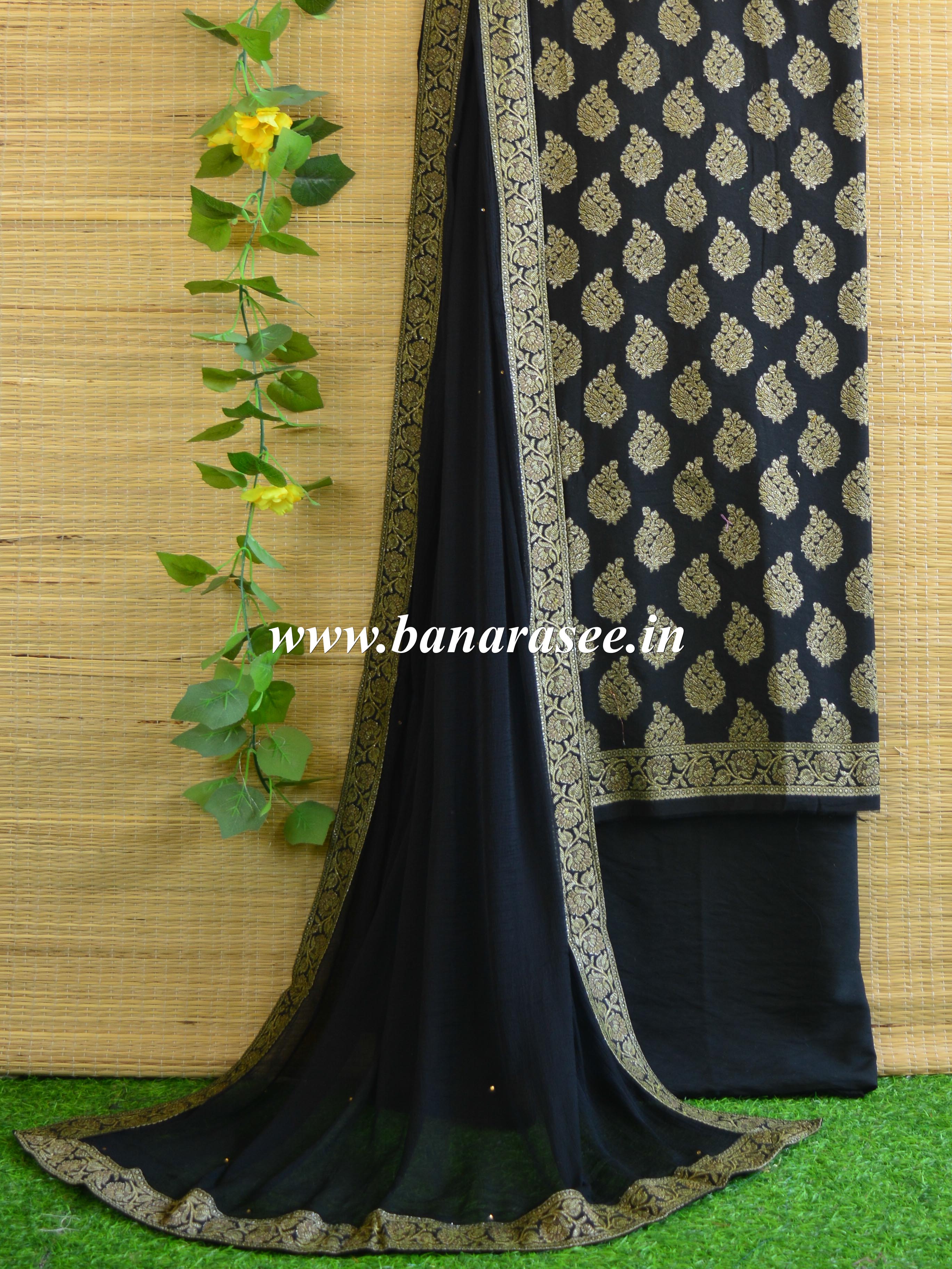 Banarasee Cotton Silk Salwar Kameez Resham & Zari Buti Fabric & Dupatta-Black