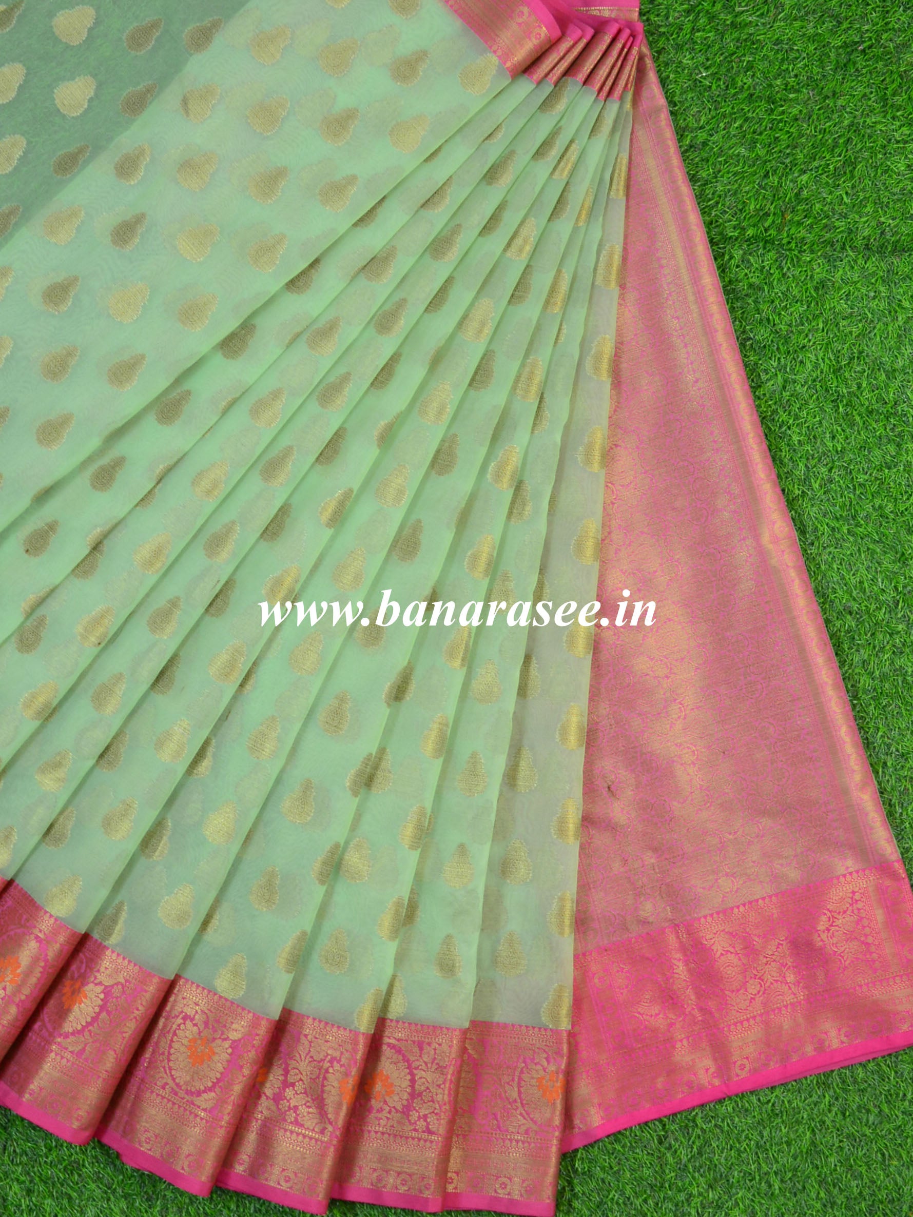 Banarasee Organza Mix Saree With Zari Buta & Pink Satin Border-Pastel Green