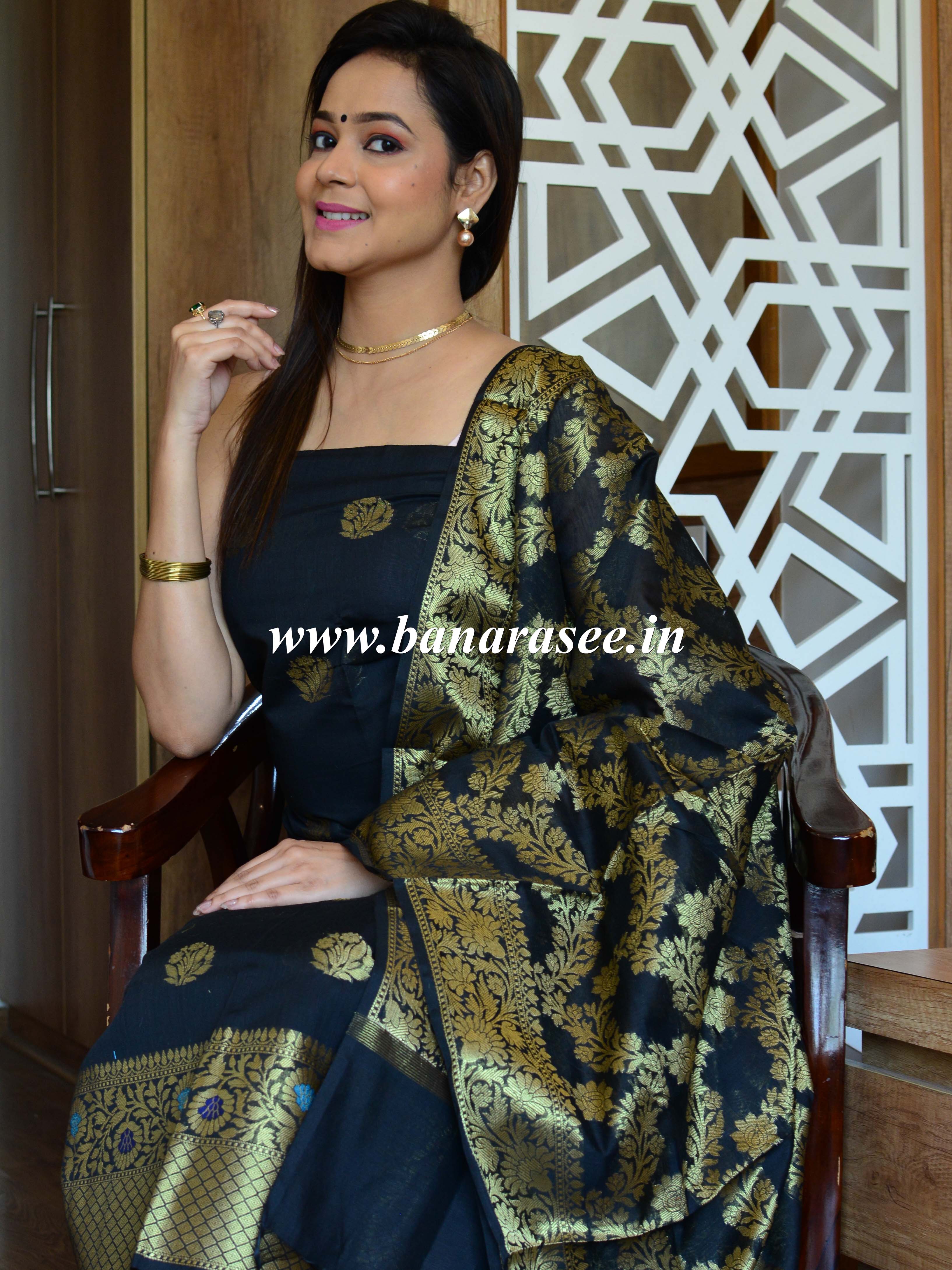 Banarasee Chanderi Cotton Salwar Kameez Fabric With Dupatta Buta Design-Black