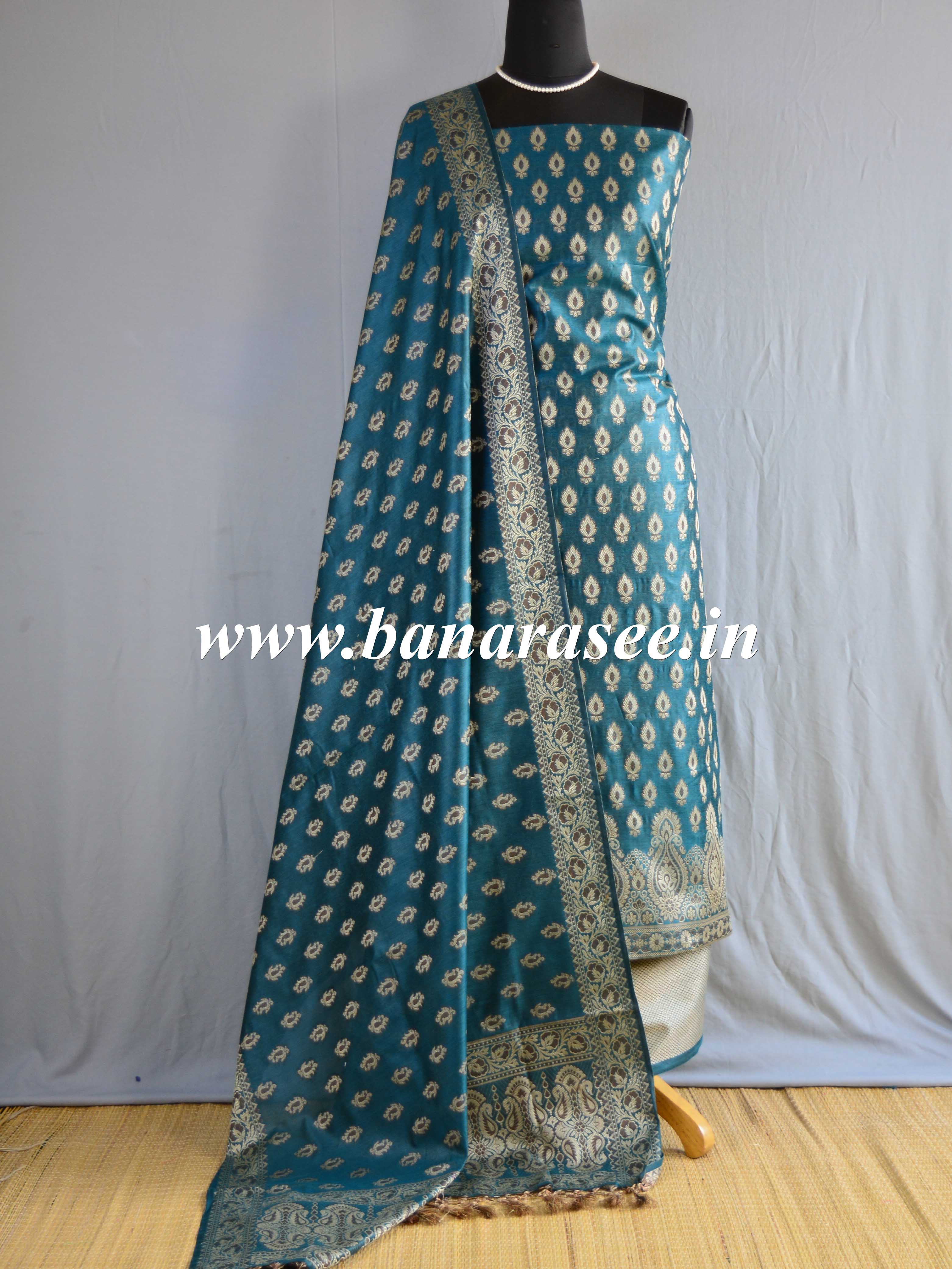 Banarasee Salwar Kameez Cotton Silk Resham Buti Woven Fabric-Rama Green