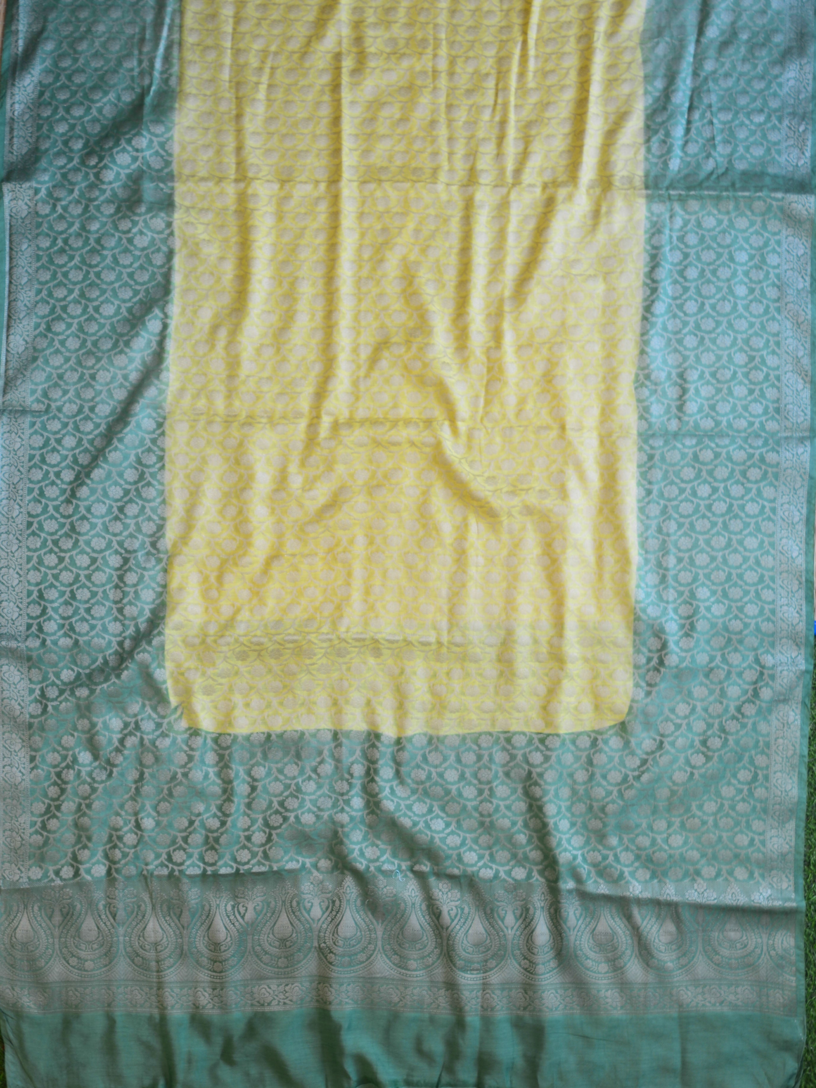 Banarasee Cotton Silk Salwar Kameez Resham & Zari Buti Fabric & Dupatta-Green & Yellow