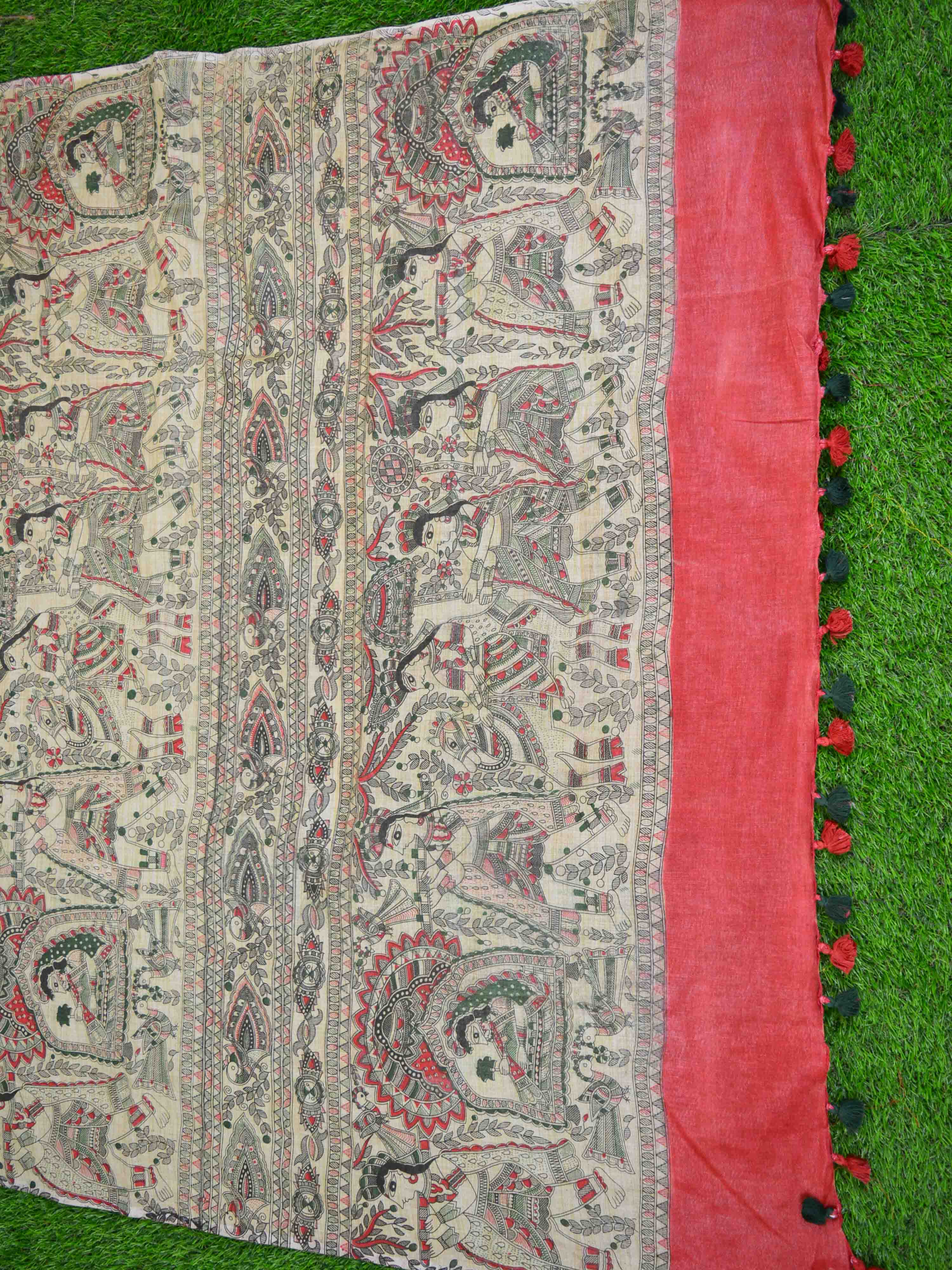 Handloom Khadi Madhubani Pallu Musical Instrument Print Saree-Beige