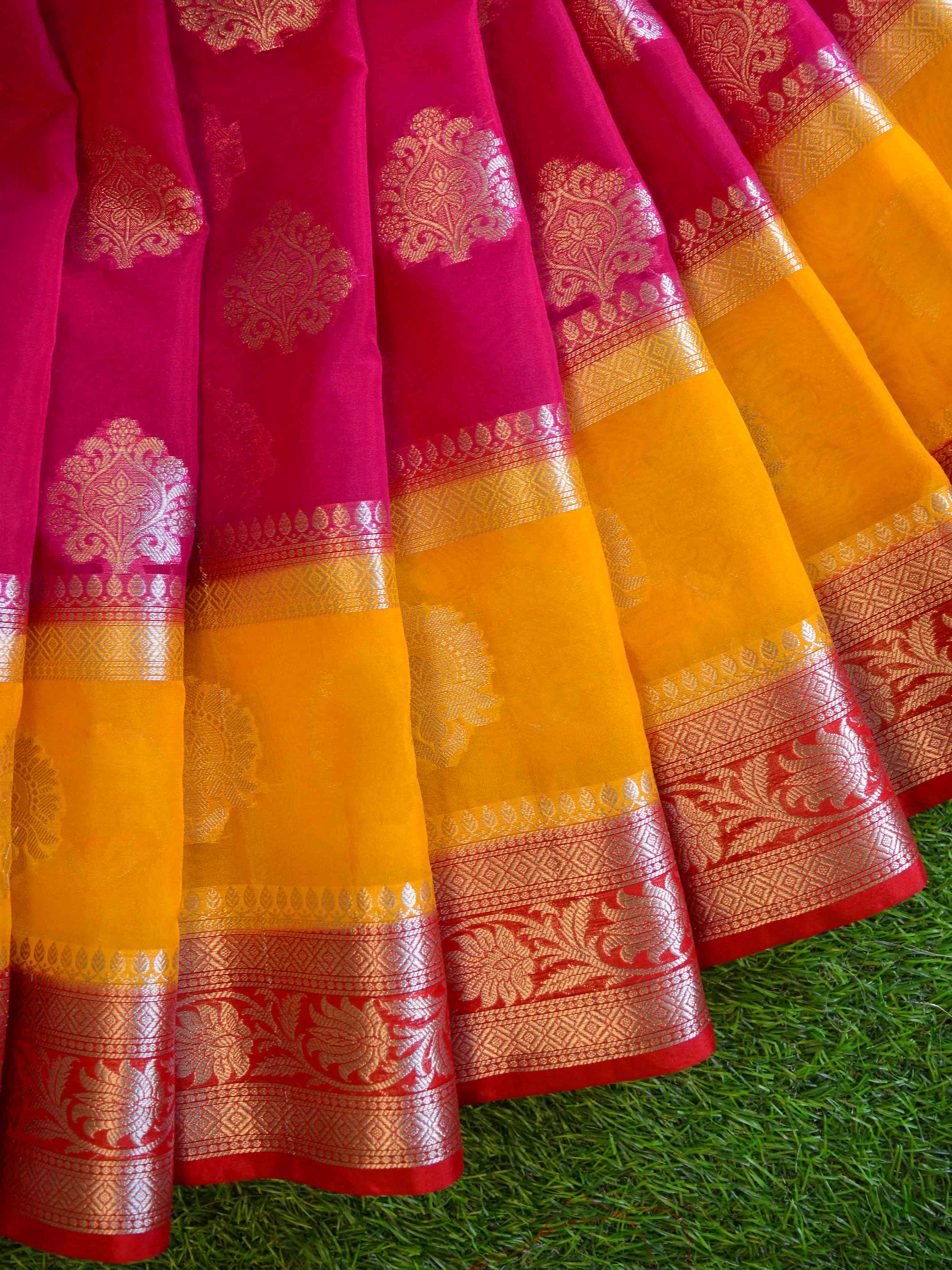 Banarasee Organza Mix Saree With Silver Zari Design-Pink