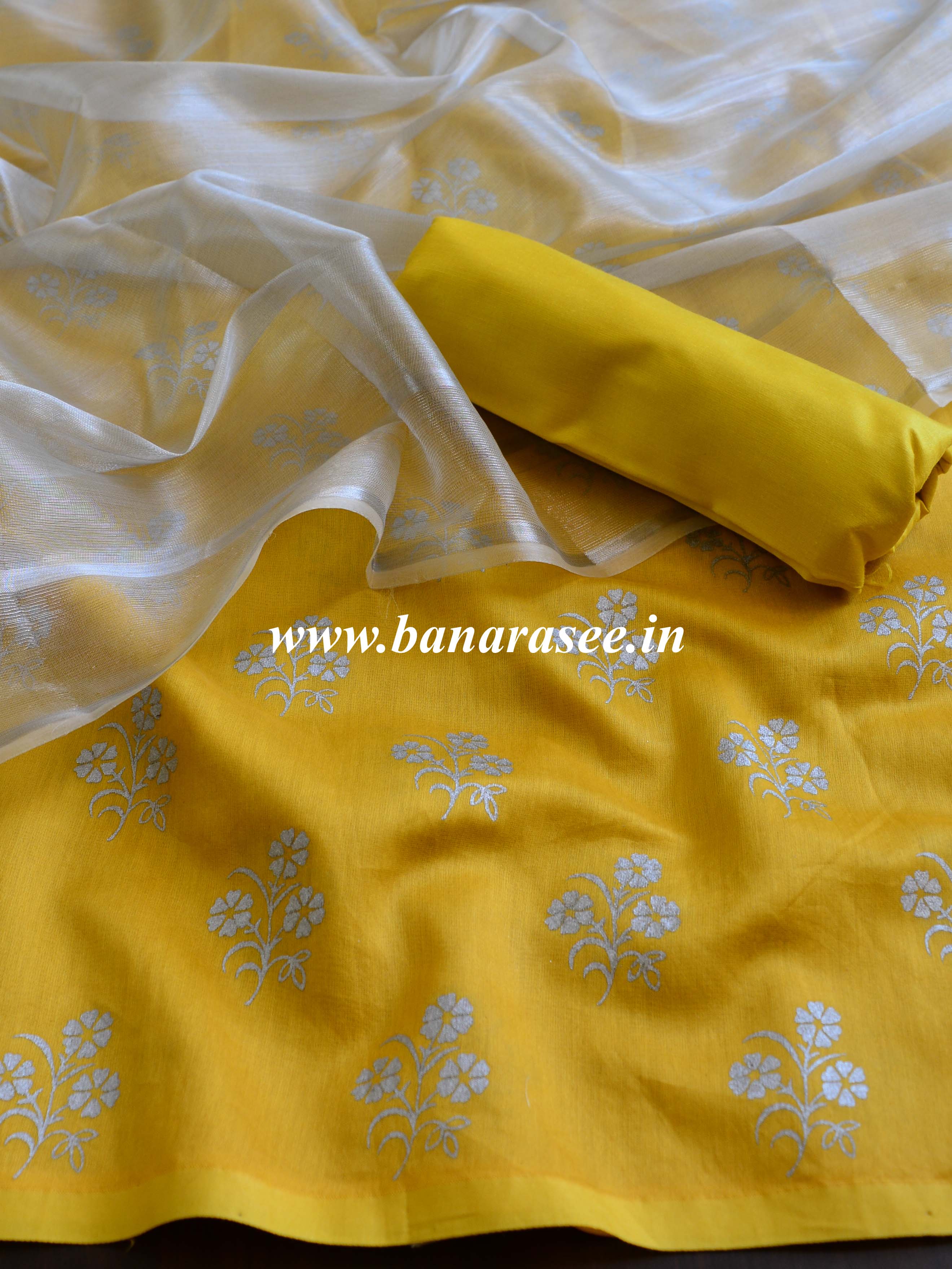 Banarasee Chanderi Salwar Kameez Silver Buta Fabric With Silver Dupatta-Yellow