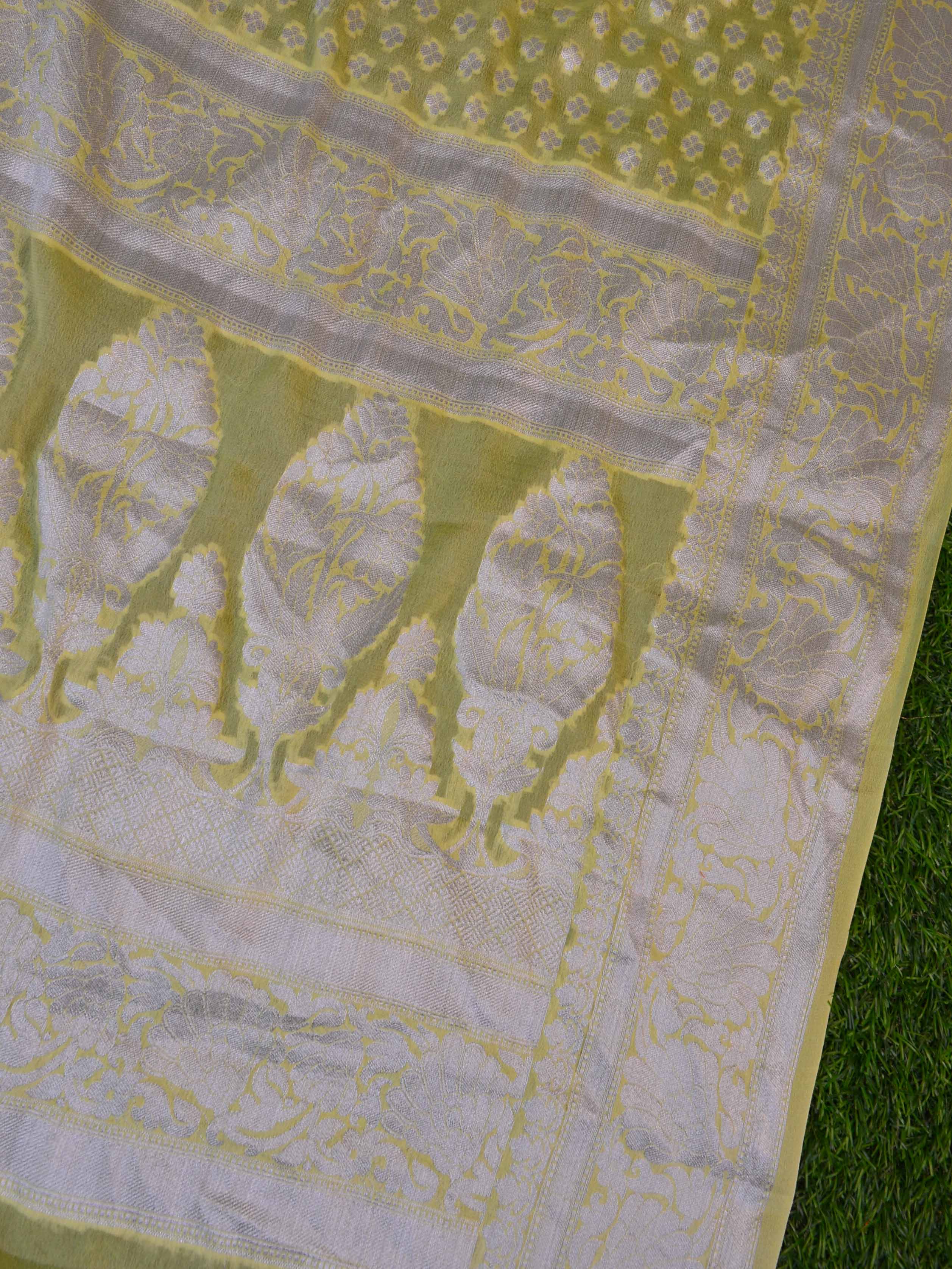 Banarasee Pure Chiffon Saree With Silver Zari Buti-Yellow
