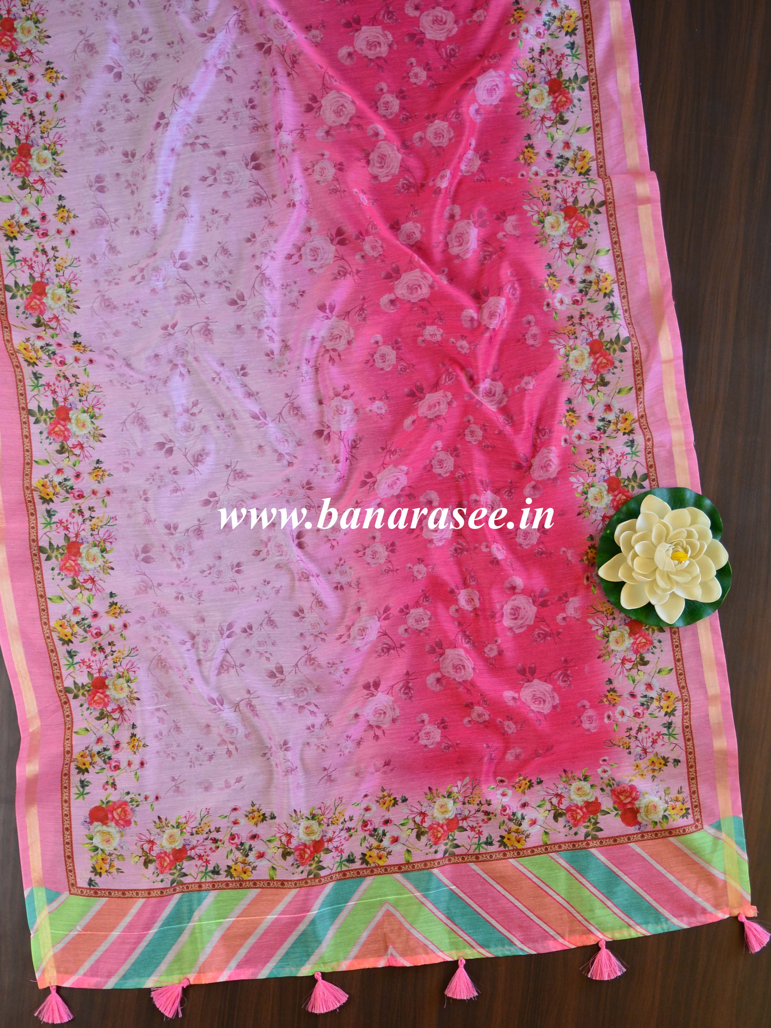 Banarasee Chanderi Cotton Digital Print Dupatta-Pink