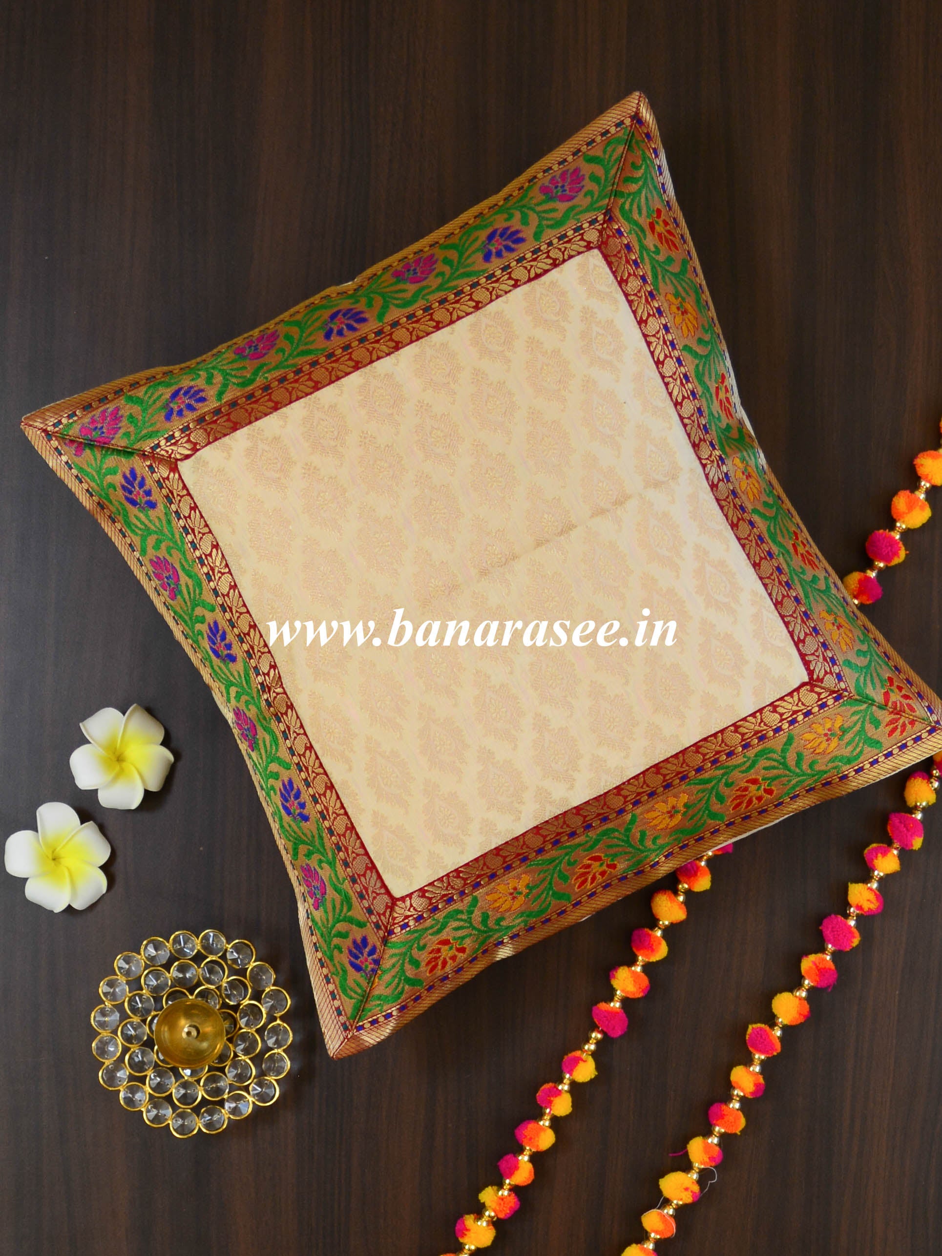 Banarasee Brocade Silk Cushion Cover-Beige