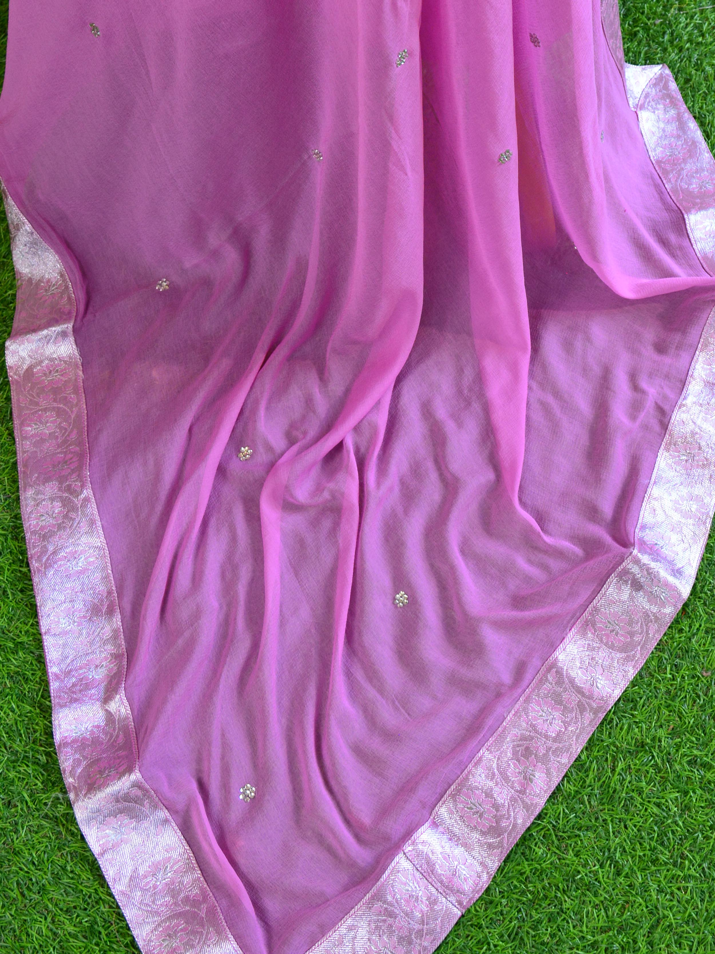 Banarasee Satin Brocade Salwar Kameez Fabric With Silver Zari & Chiffon Dupatta-Pink