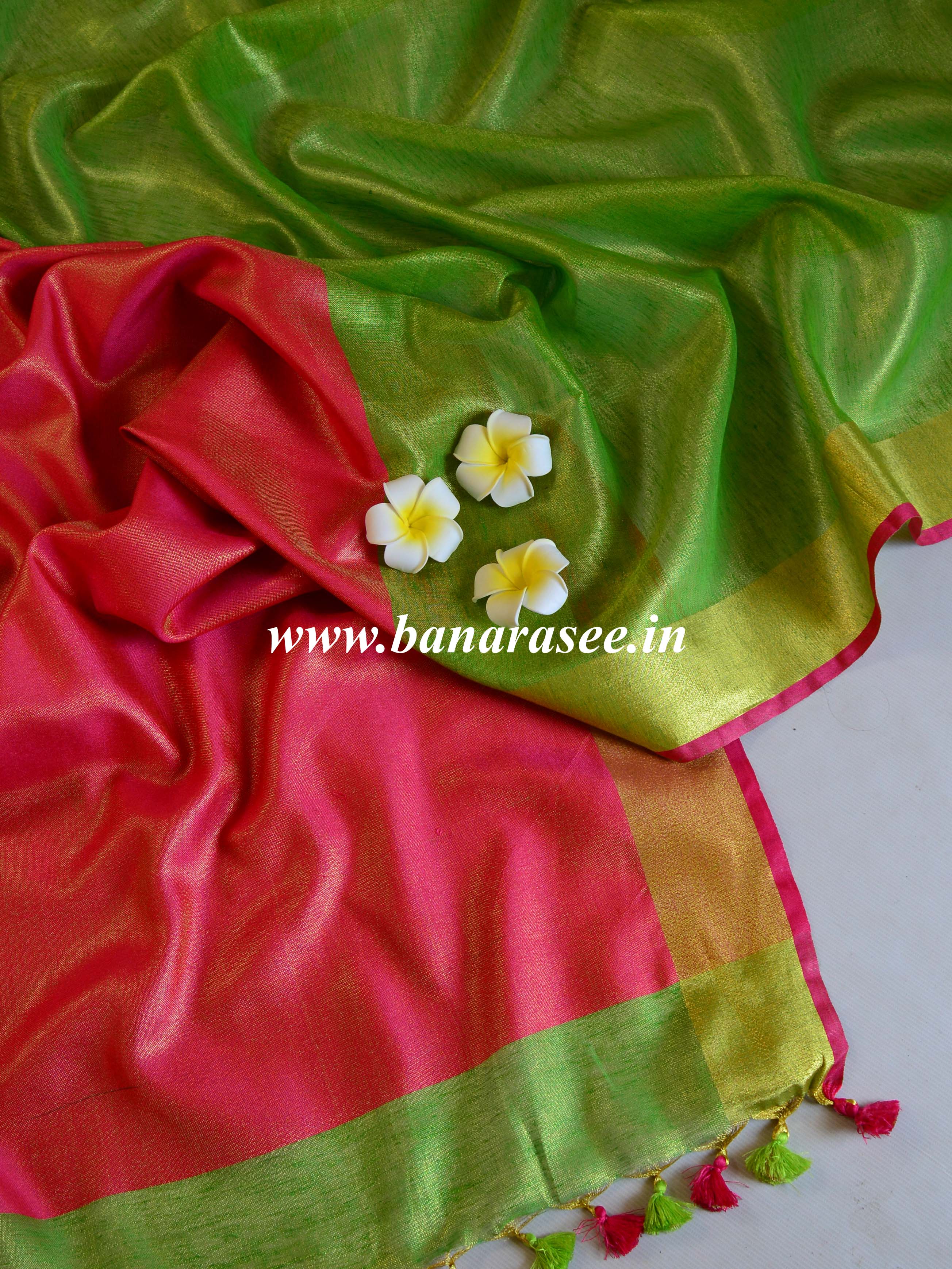 Banarasee Handloom Pure Linen By Tissue Metallic Shine Saree-Green & Red