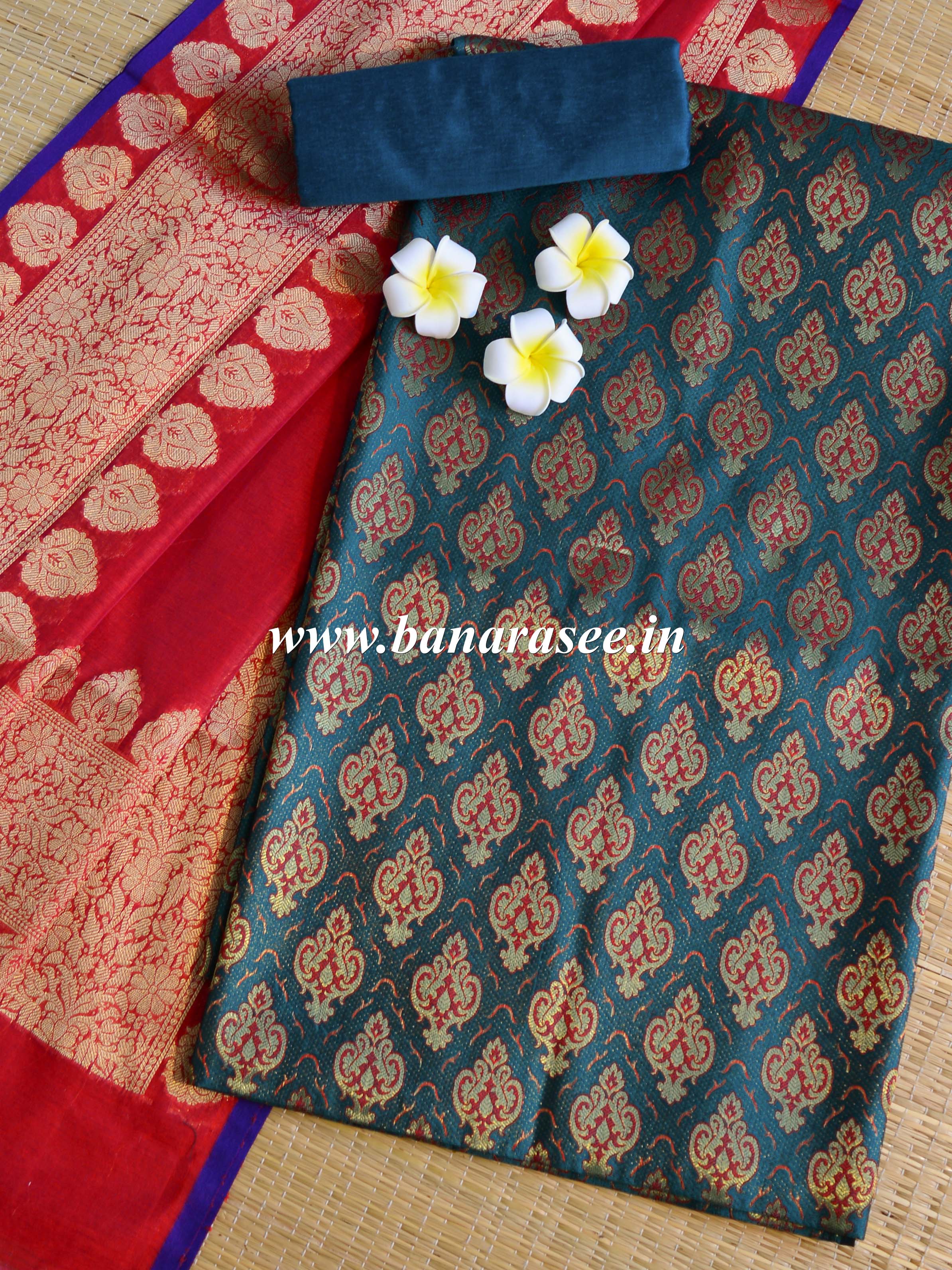 Banarasee Art Silk Salwar Kameez Fabric With Contrast Chanderi Dupatta-Green & Red
