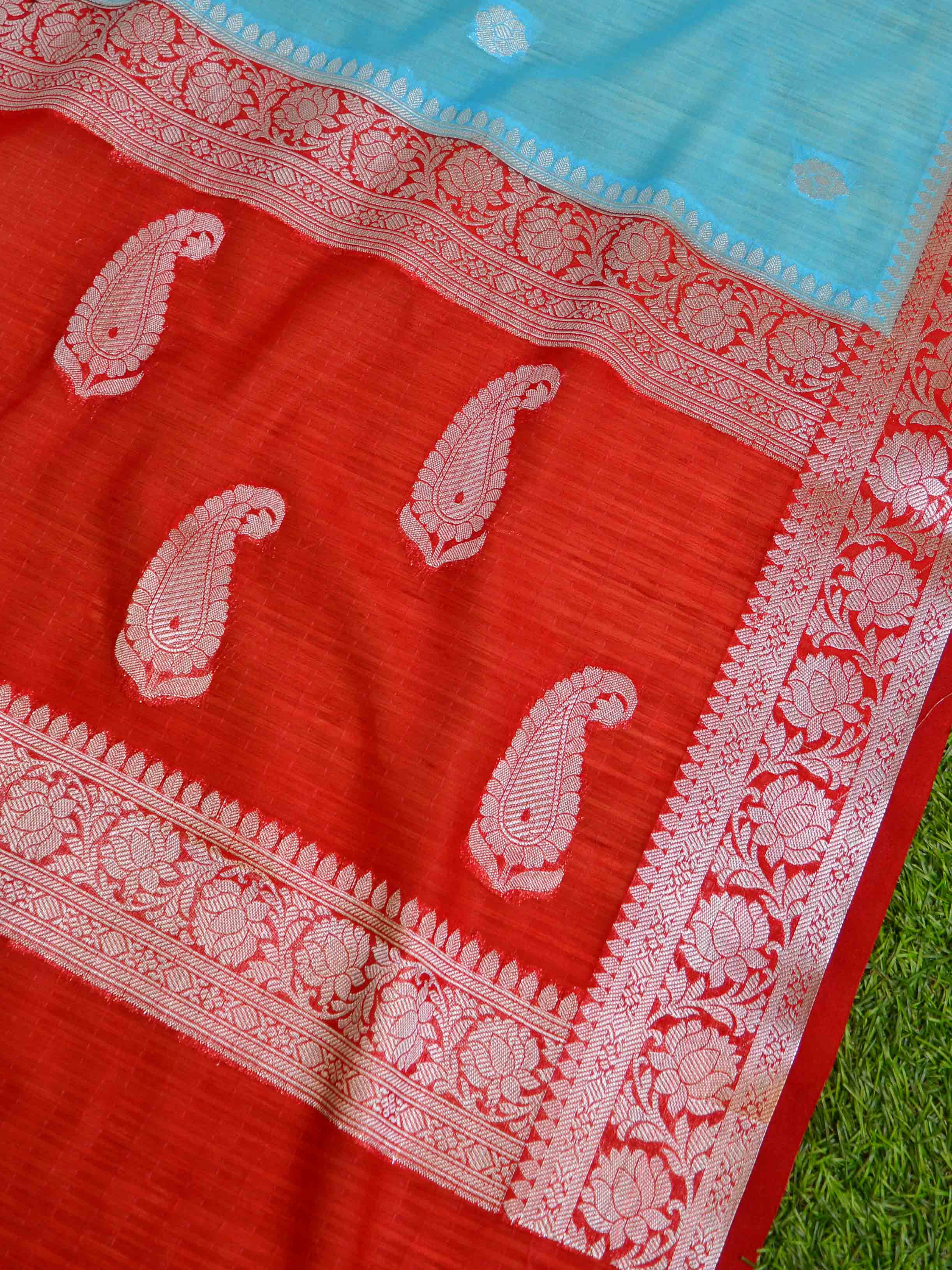Banarasee Handwoven Semi-Chiffon Saree With Silver Zari-Blue & Red