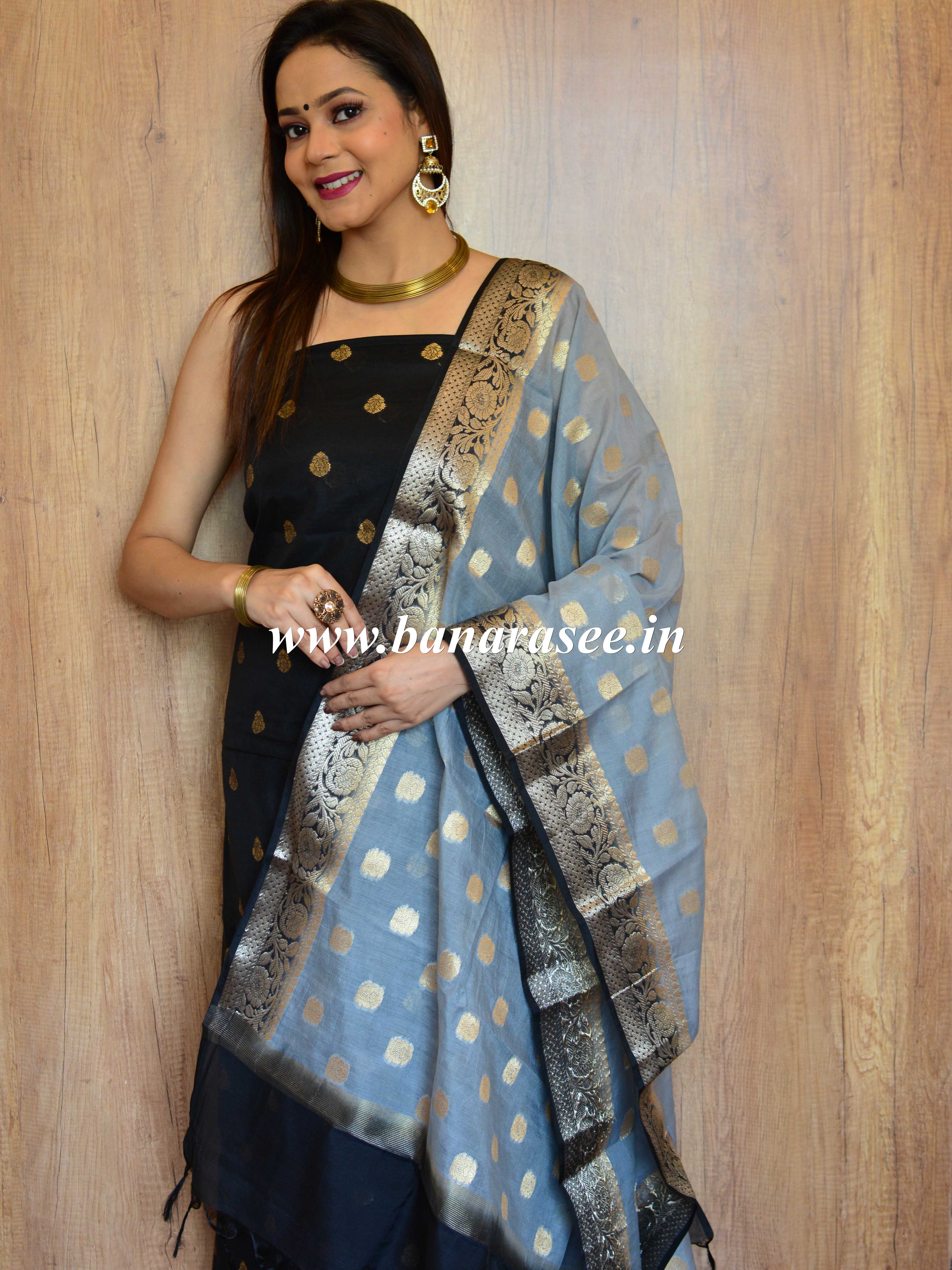Banarasee Handloom Chanderi Cotton Zari Work Salwar Kameez Dupatta Set-Black & Grey