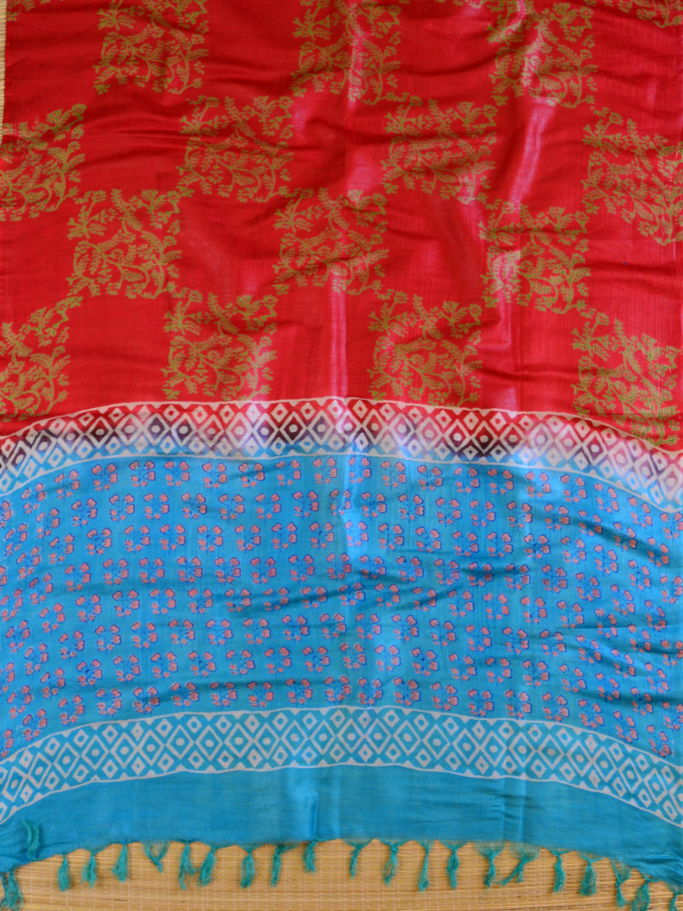 Bhagalpuri Salwar Kameez Glossy Cotton Silk Hand-Block Printed Fabric-Red & Blue