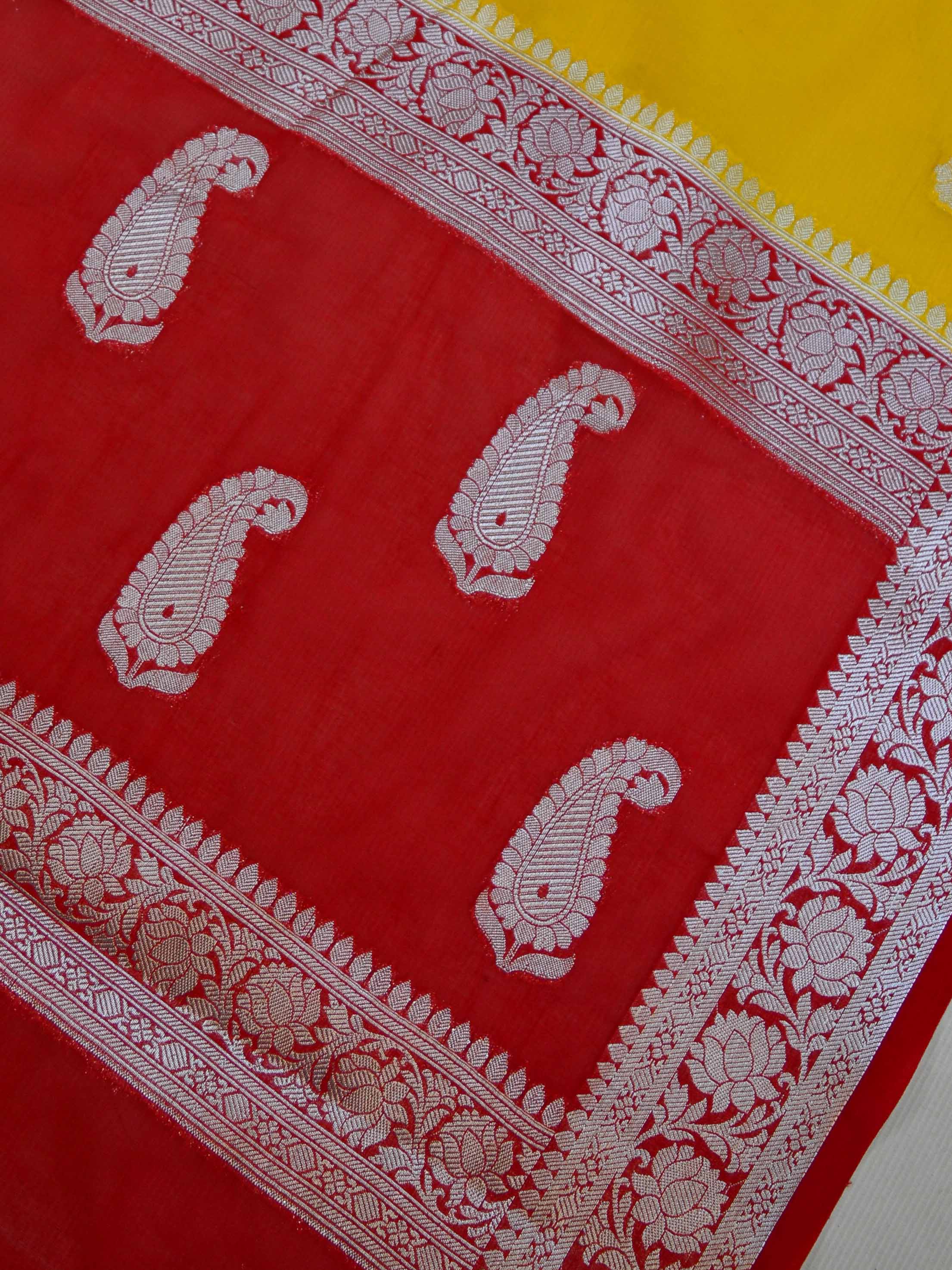 Banarasee Handwoven Semi-Chiffon Saree With Silver Zari-Yellow & Red