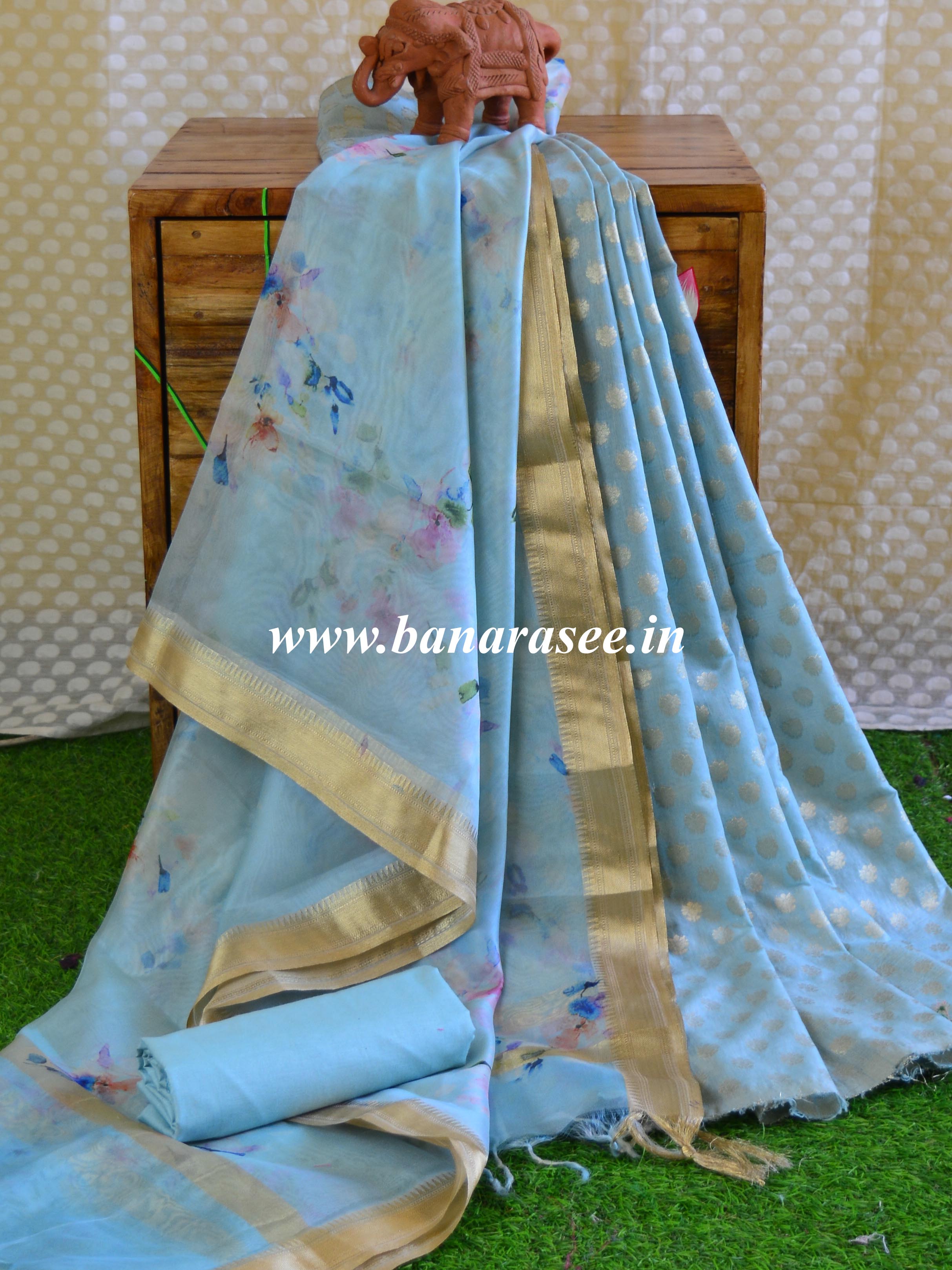 Banarasee Handloom Chanderi Salwar Kameez Fabric With Organza Dupatta-Powder Blue