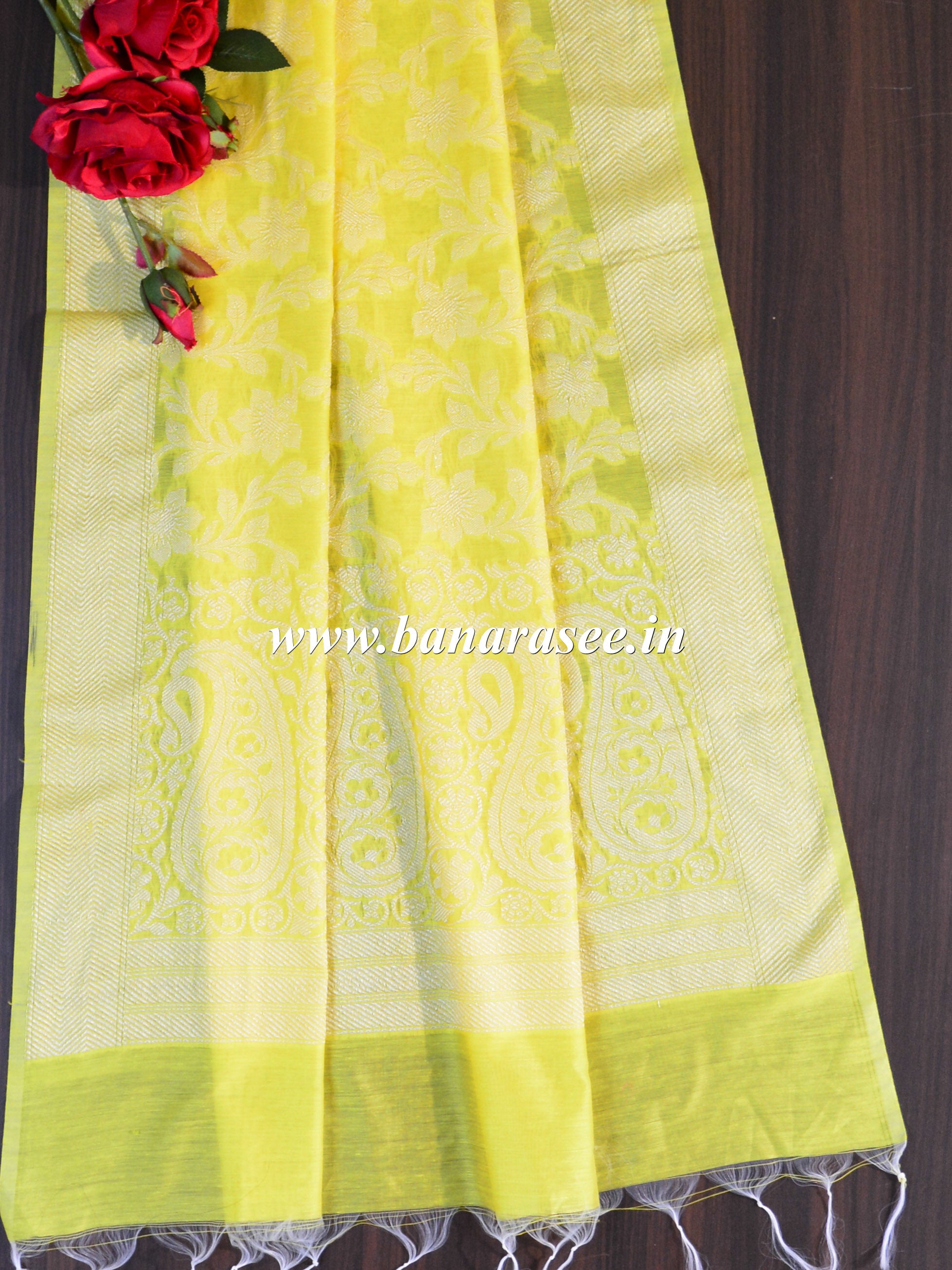 Banarasee Cotton Silk Jaal Pattern Dupatta-Yellow