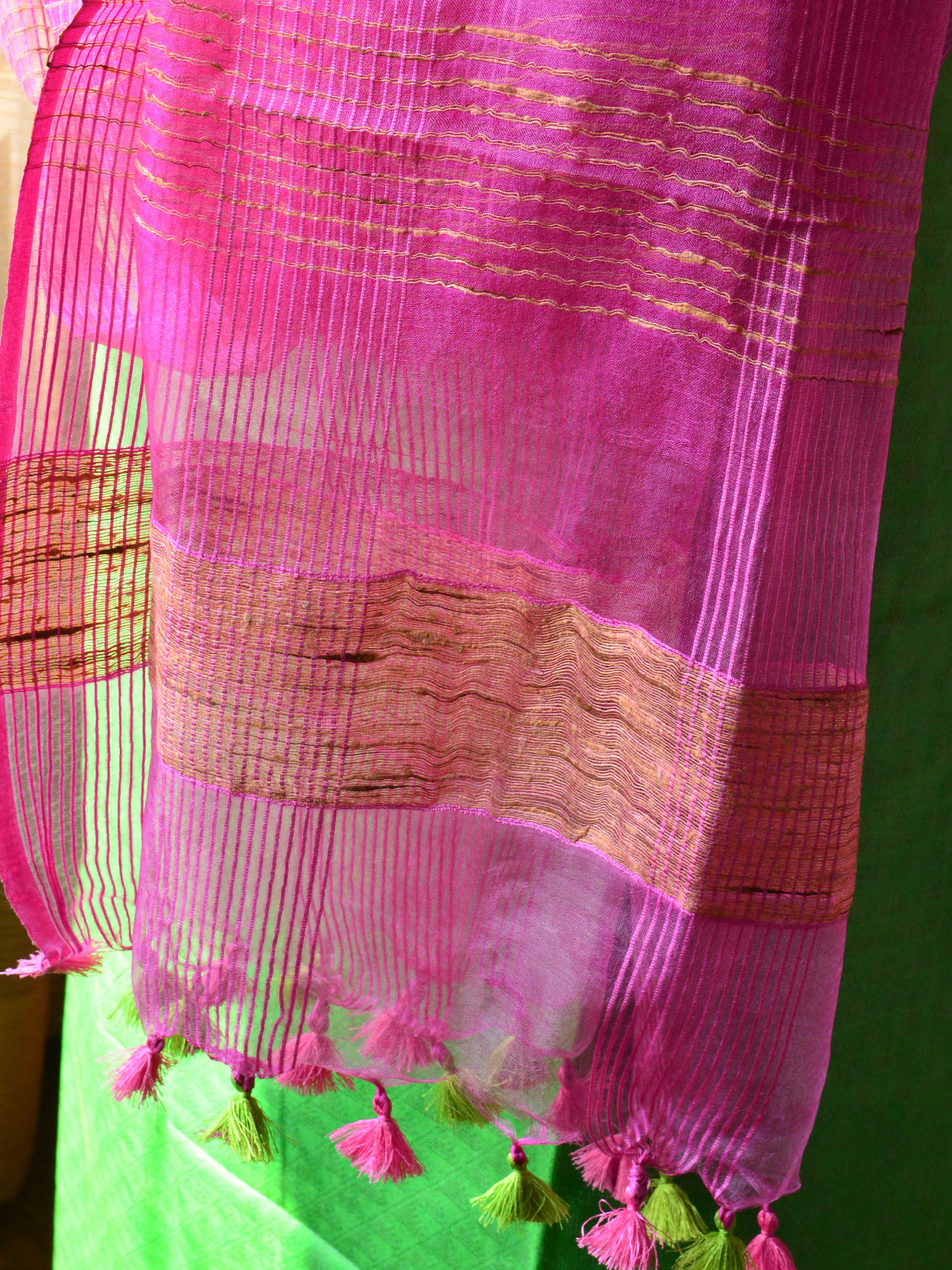 Bhagalpuri Silk Cotton Suit Set With Ghichha Jaal Kameez & Kota Dupatta-Green & Pink