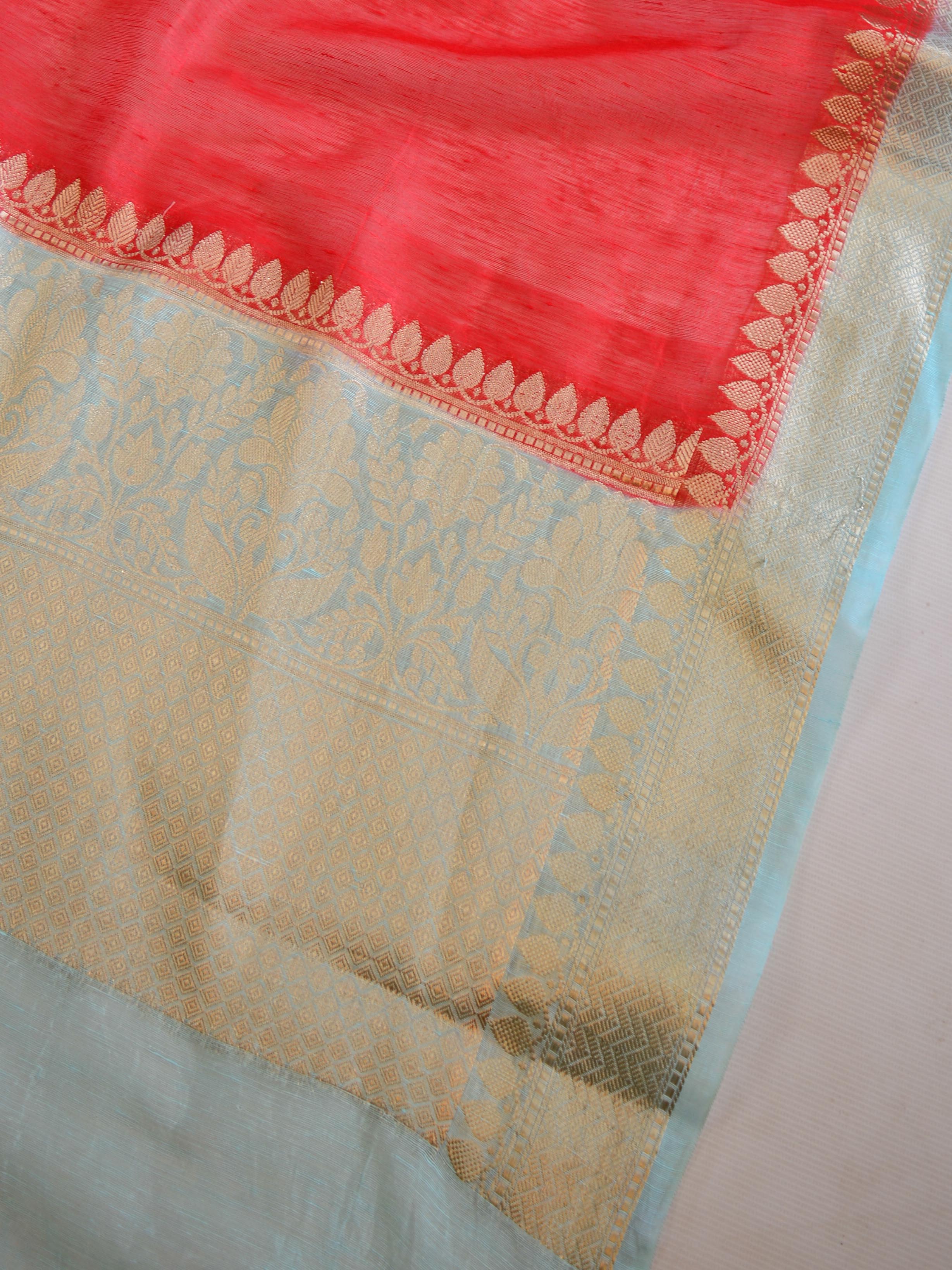Banarasee Handloom Pure Linen Cotton Silver Zari Saree-Red & Blue