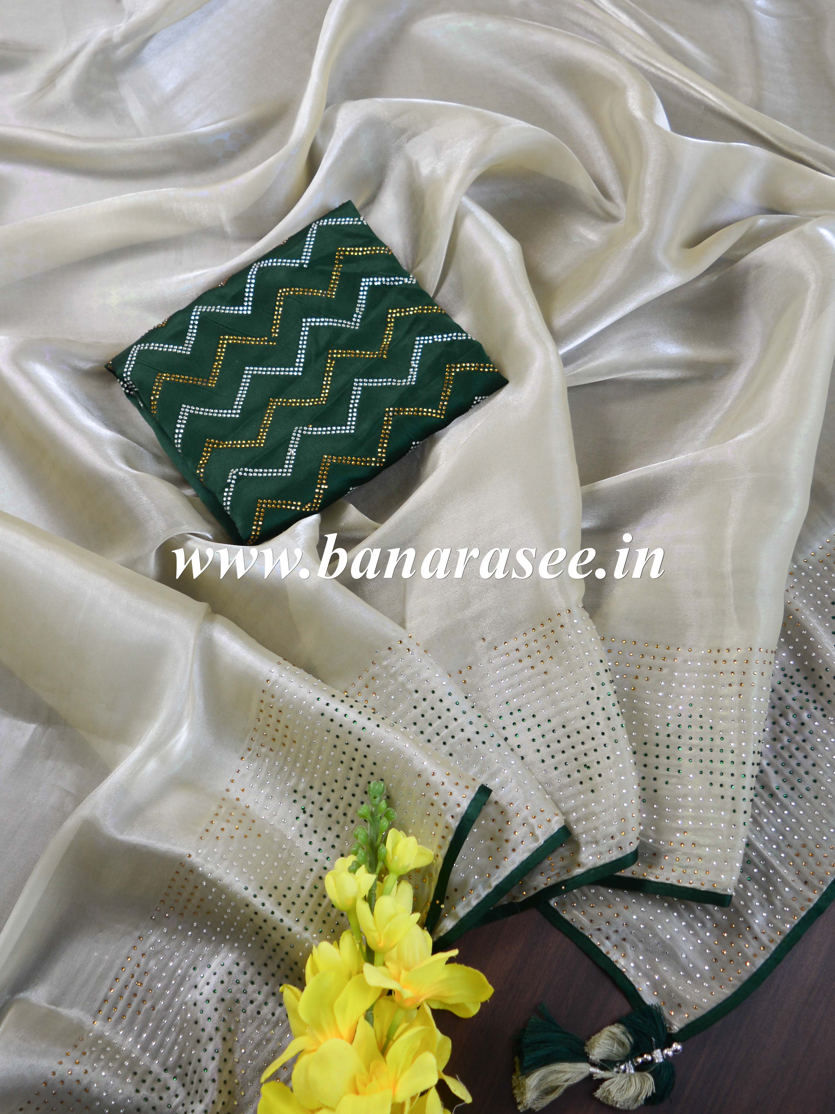 Banarasee Handwoven Plain Tissue Silk Swarovski Work Saree With Silk Blouse-Pastel Green