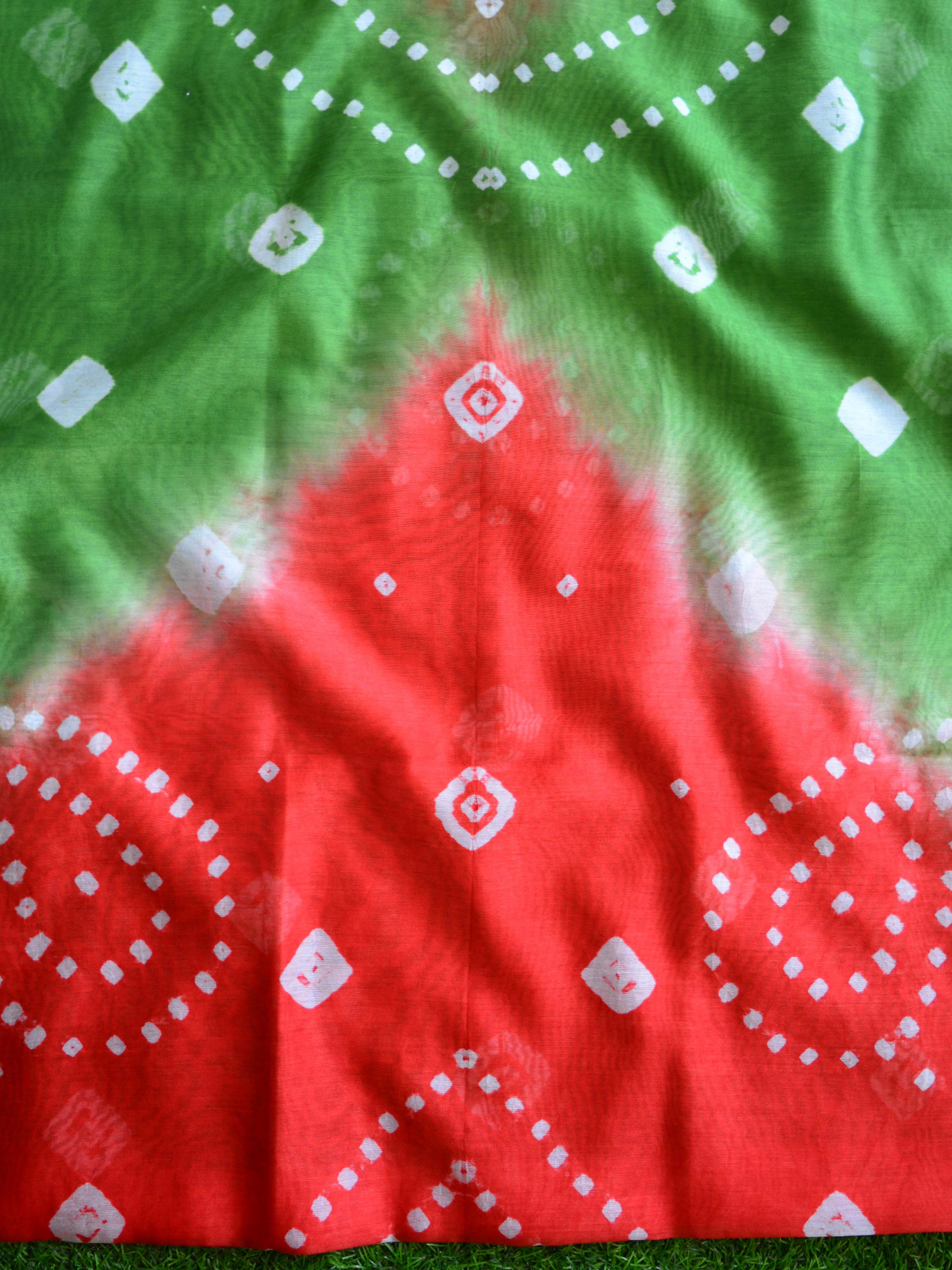 Banarasee Chanderi Cotton Bandhini Salwar Kameez Dupatta Set-Green & Red