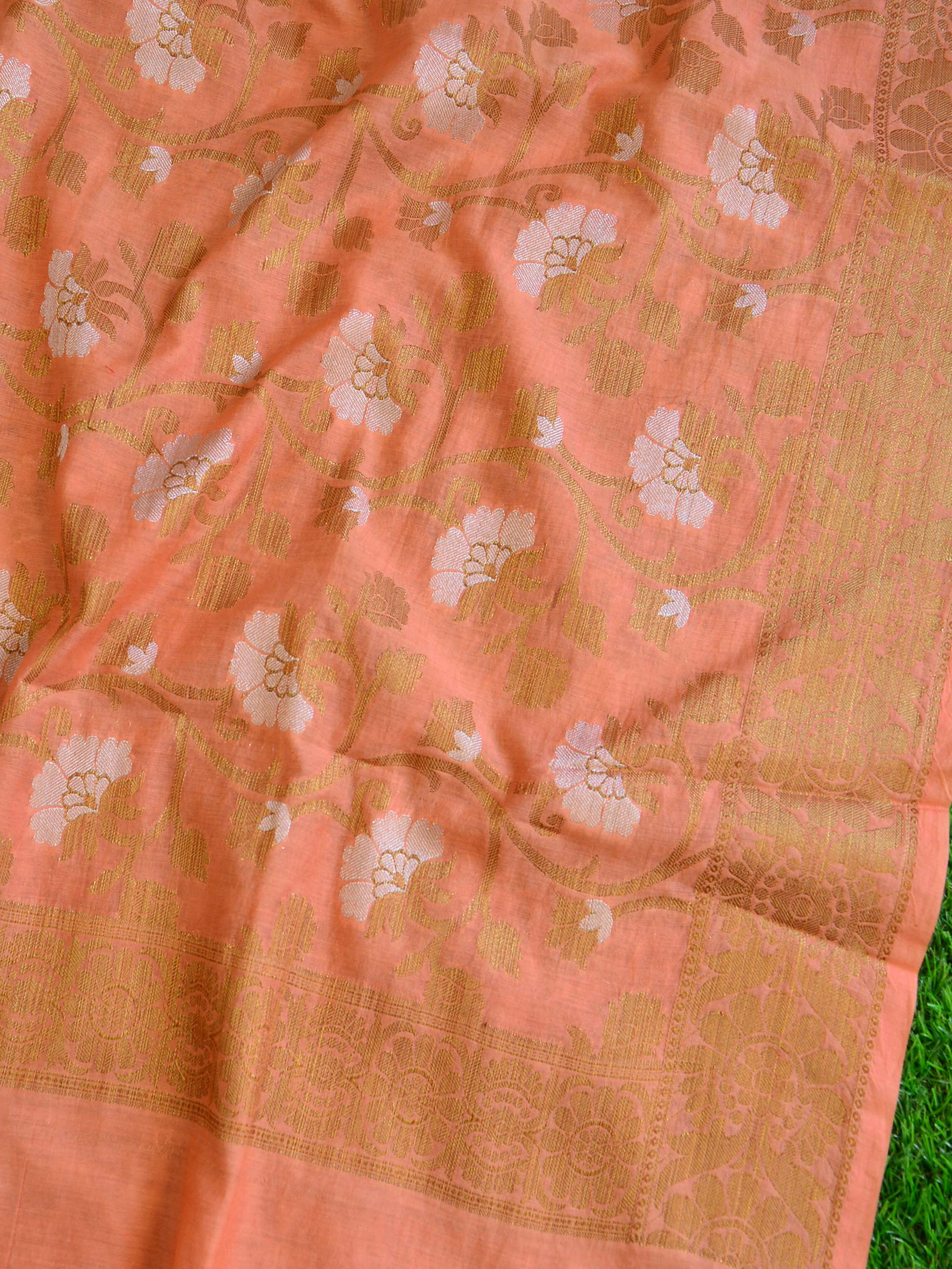 Banarasee Pure Handloom Cotton Sona Rupa Zari Salwar Kameez Set-Peach