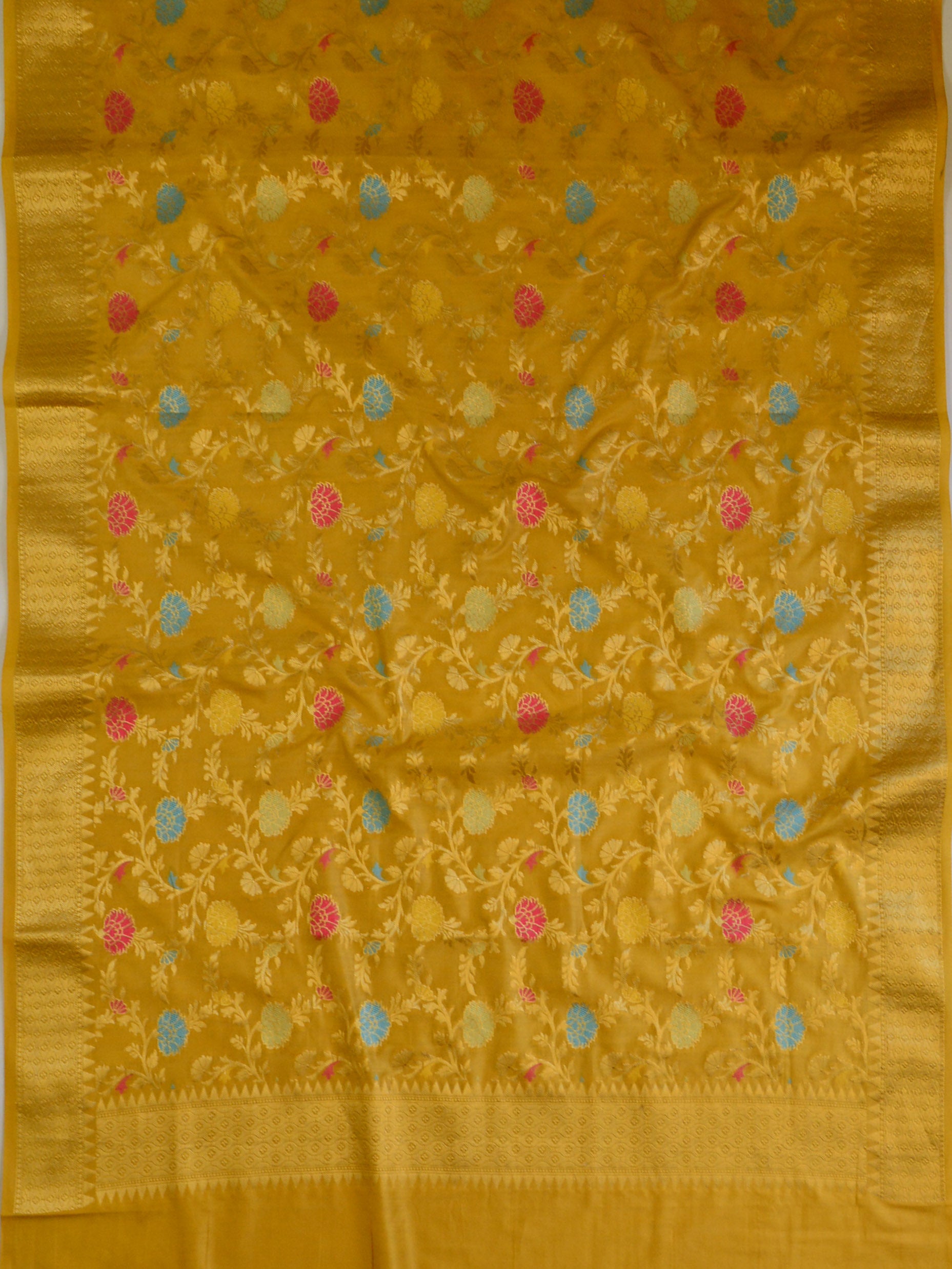 Banarasee Salwar Kameez Cotton Silk Woven Meena Buti Design Fabric Dupatta-Green & Mustard