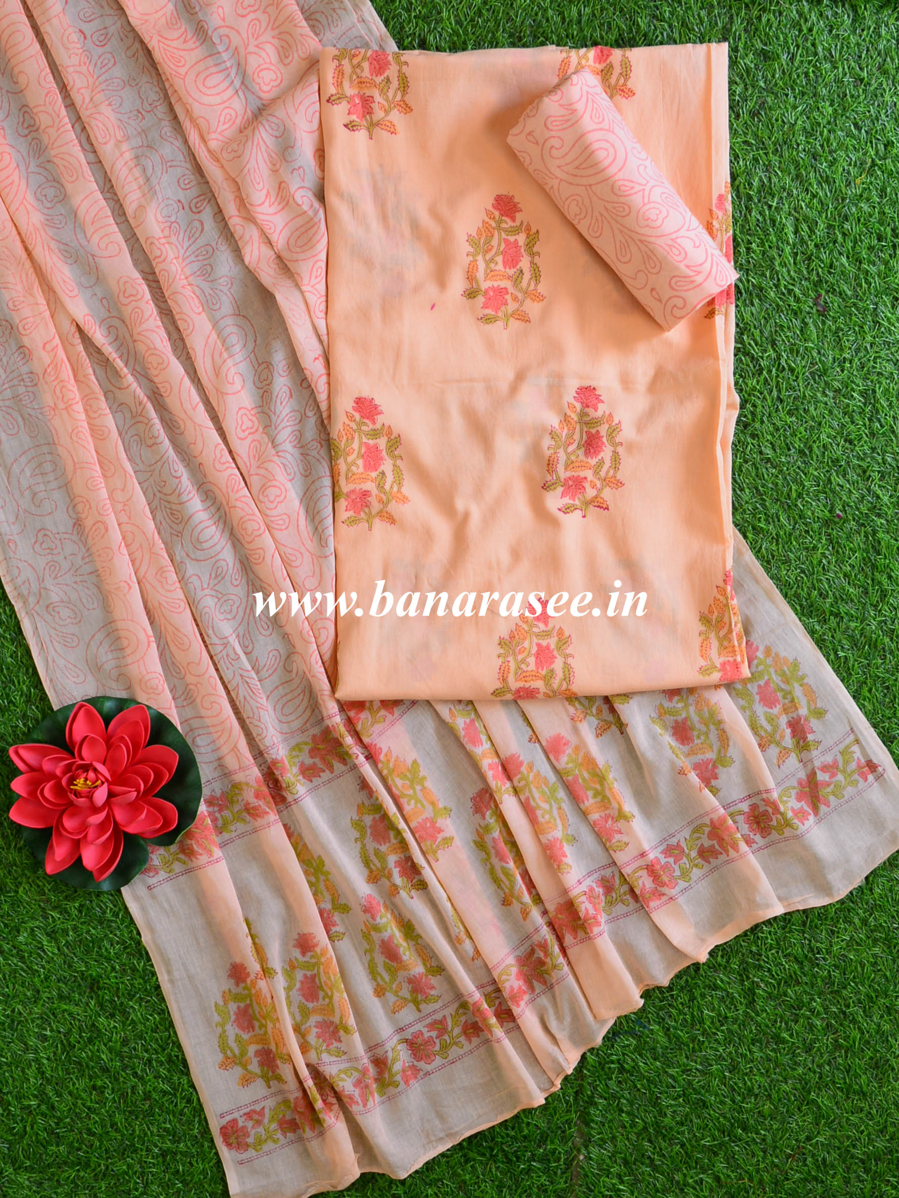 Pure Handloom Mul Cotton Batik Dyed Suit Set-Peach
