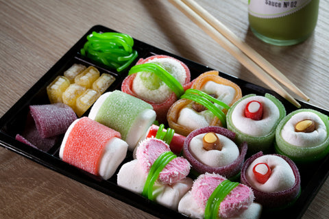 candy sushi on tray