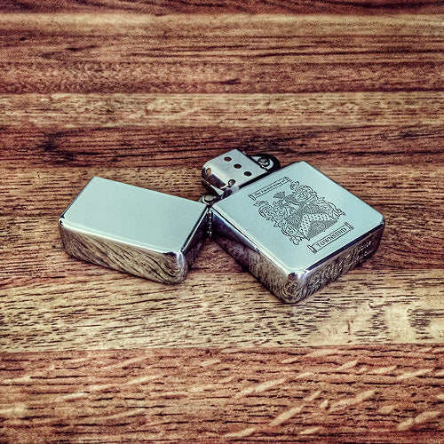 Chrome Windproof Lighter Custom Engraved with a Family Coat of Arms