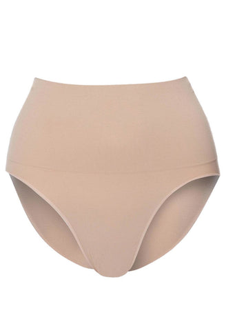 mid rise postpartum shaping brief in nude neutral colour provides maximum tummy support and control mid waist fit cinches in your waist seamless super comfy and soft