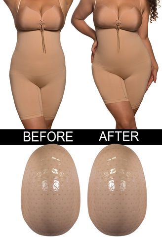 Model in before and after photo using booty and hip boosters from B Free Intimate Apparel