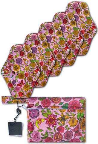 reusable period pad in fun pink floral colour australia leakproof stay dry technology keeps you feeling fresh and clean all day with free pouch