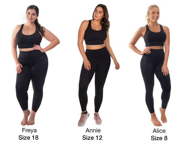 Black high waisted sports leggings on different size models