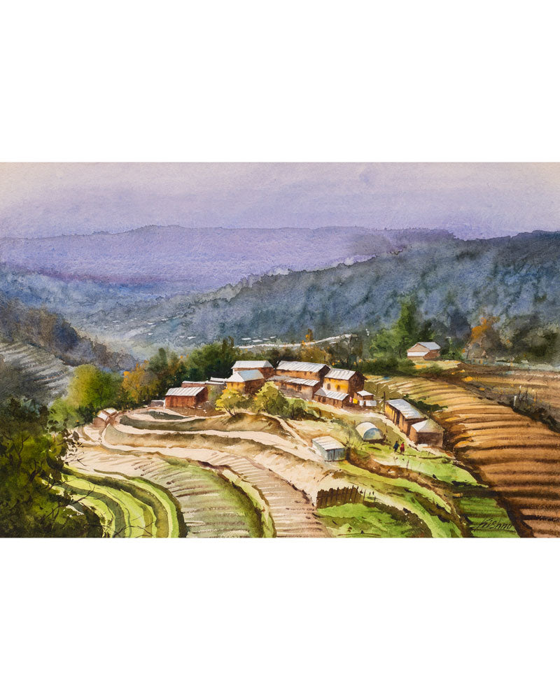 Beautiful Uttrakhand Village - Water Colour Painting
