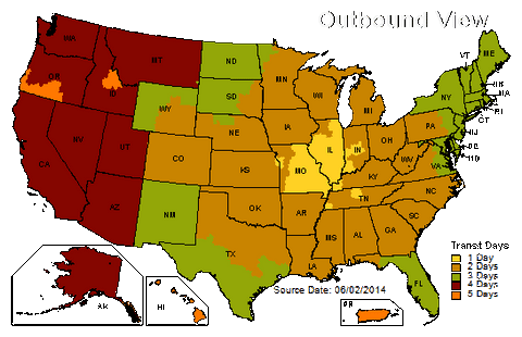 UPS Ground Time-in-Transit map for shipments made from pitmasterIQ's factory