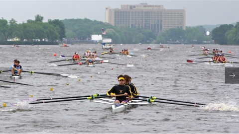 Teams line up on the Copper River during time trails at the Stotesbury Cup high school rowing competition, which was hastily relocated because of dangerous conditions on the Schuylkill River.(Emma Lee/WHYY)