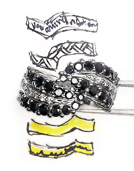 Black and White Diamonds 18kt Gold Wave Ring with matching bands sketch by Rubini Jewelers
