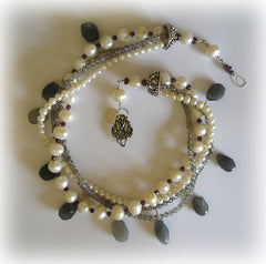 Freshwater Pearl, Labradorite, Grey Moonstone & Garnet Necklace