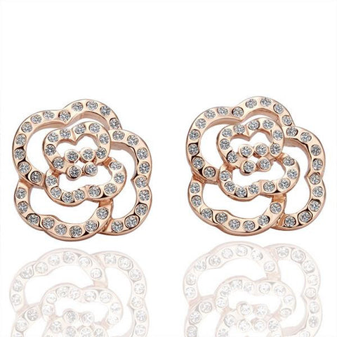 18K Gold Hollow Rose Petals Earrings Made with Swarovksi Elements - rubiquejewelry.com