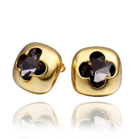 18K Gold Stud Earrings with Hollow Clover Shape Made with Swarovksi Elements - rubiquejewelry.com