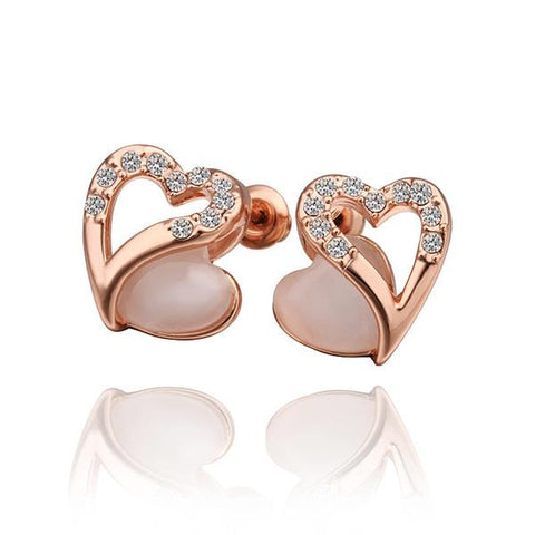 18K Rose Gold Hollow Heart Stud Earrings with Gem Made with Swarovksi Elements - rubiquejewelry.com