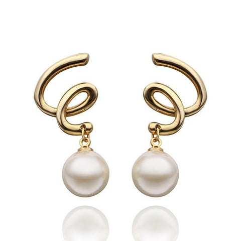 18K Gold Spiral Drop Down Earrings with Pearl Made with Swarovksi Elements - rubiquejewelry.com